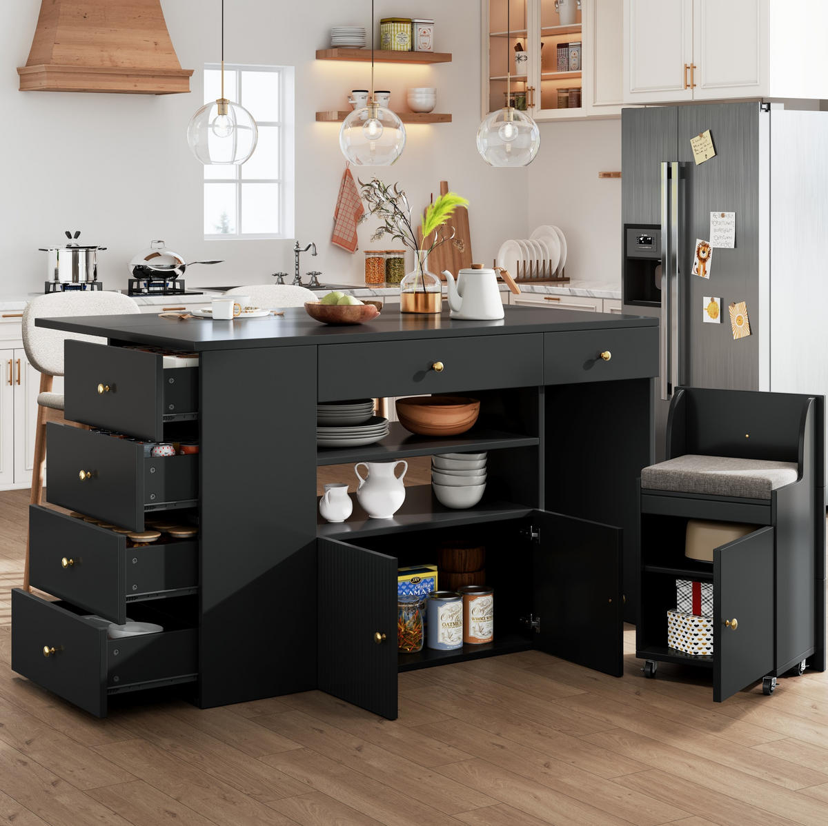 KÜCHENINSEL aus MDF mit 6 Schubladen & Hocker, 140/40(70)/89 cm, Schwarz - Schwarz, Holzwerkstoff (40/89/140cm) - Redom