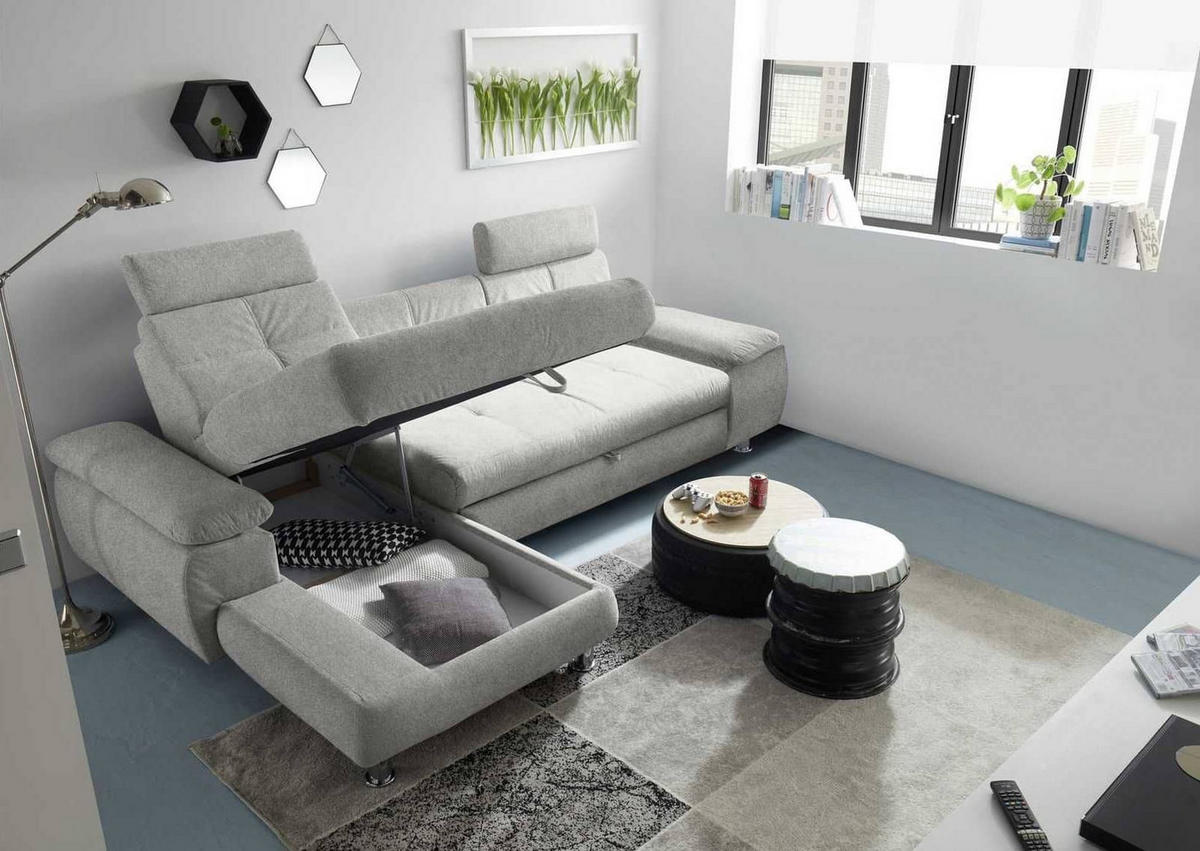 ECKSOFA mit Schlaffunktion und Bettkasten, Brego-Stoff - Chromfarben/Grau, Textil/Metall (274/177cm) - ed exciting design