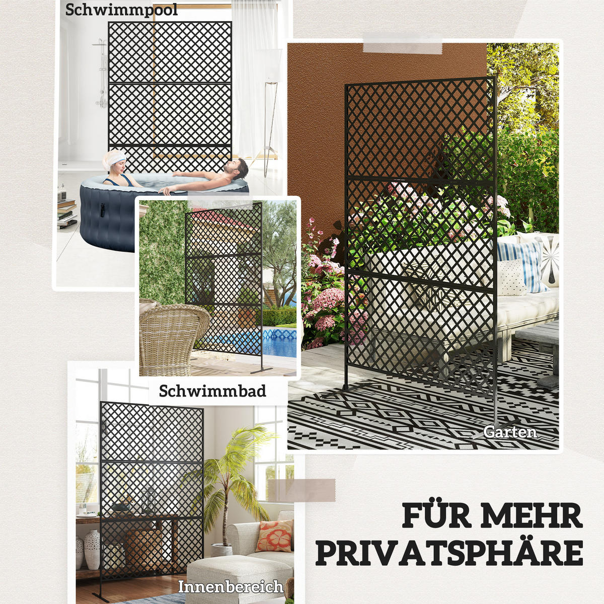 RAUMTEILER 3-teilig 122x 198 cm - Schwarz, Metall (45/198cm) - Outsunny
