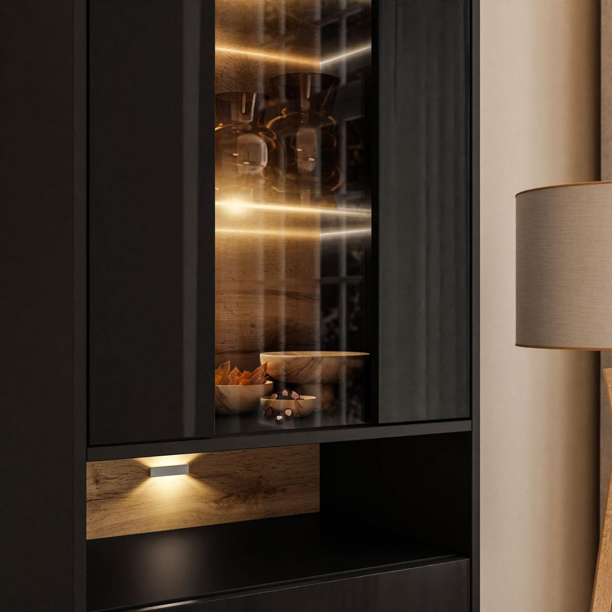 VITRINE VILLA II mit Wotan Eicheneinsatz - Eiche Wotan/Schwarz, Holzwerkstoff (60/180/40cm) - Lookway