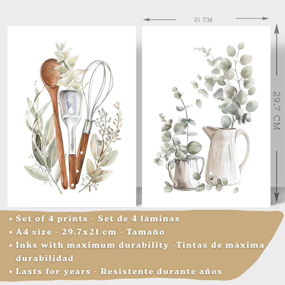 PLAKAT Sada 4 dekorativních nástěnných tisků, Botanická kuchyně. Bohémský venkovský styl. Rustikální kuchyně. Velikost Bezrámové A4 - čirá, papír (21/29.7/3cm) - Nacnic