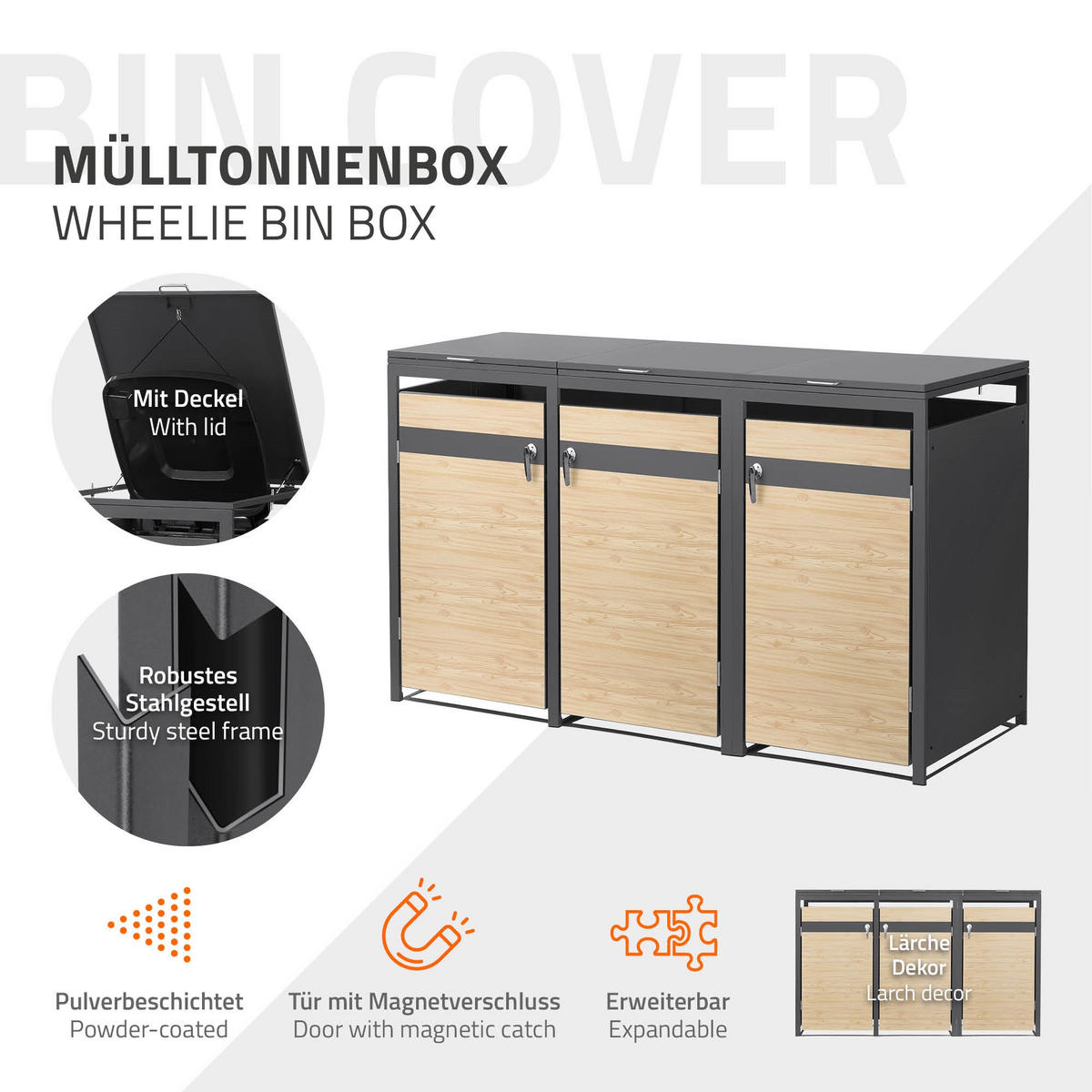 MÜLLTONNENBOX 3er Anthrazit-Lärchenoptik - Hellbraun, Metall (200/120/80cm) - ML-DESIGN