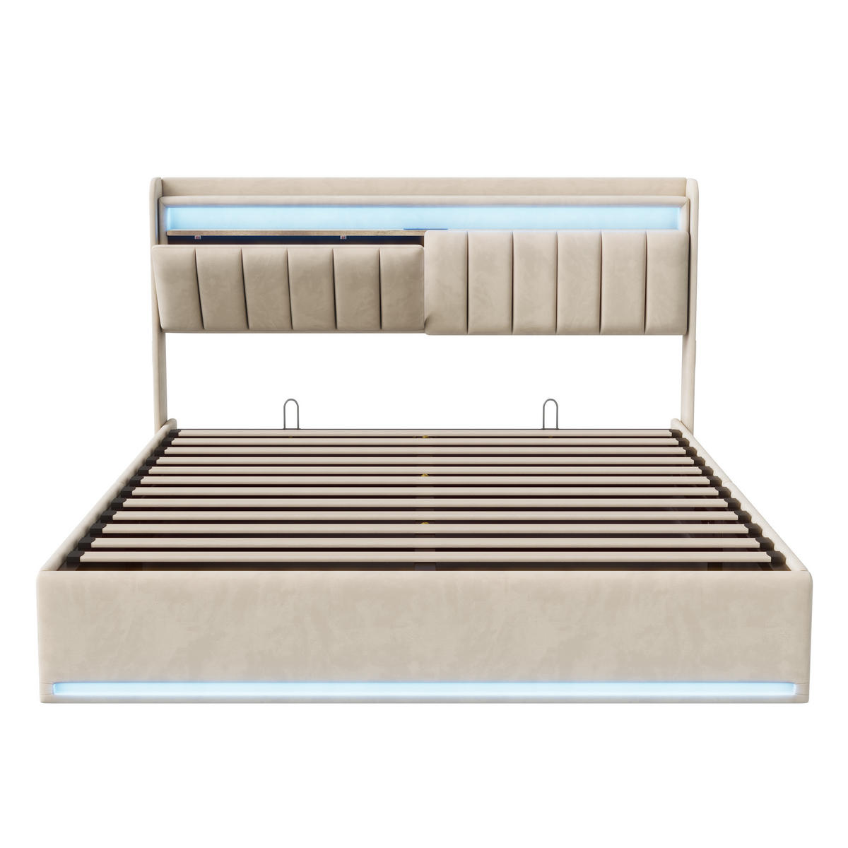 POLSTERBETT 160x200 cm mit LED, USB Und Type-C, Doppelbett mit Bettkasten 160x200, Stauraum, Beige Samt - Beige, Textil/Metall (160/200cm) - GENKI LIVING