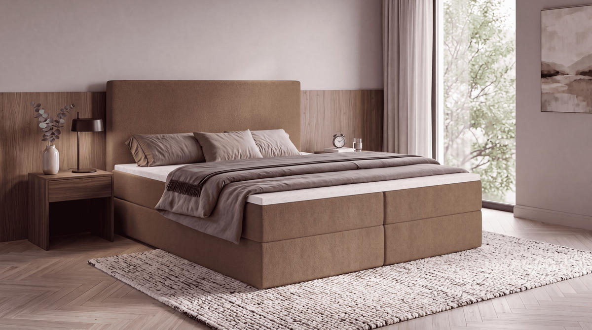 BOXBETT SENTO 140x200 cm mit Bettkasten, Bonell-Matratze H3 und Topper – Bouclé Braun - Braun, Textil (140/200cm) - Luxkor24