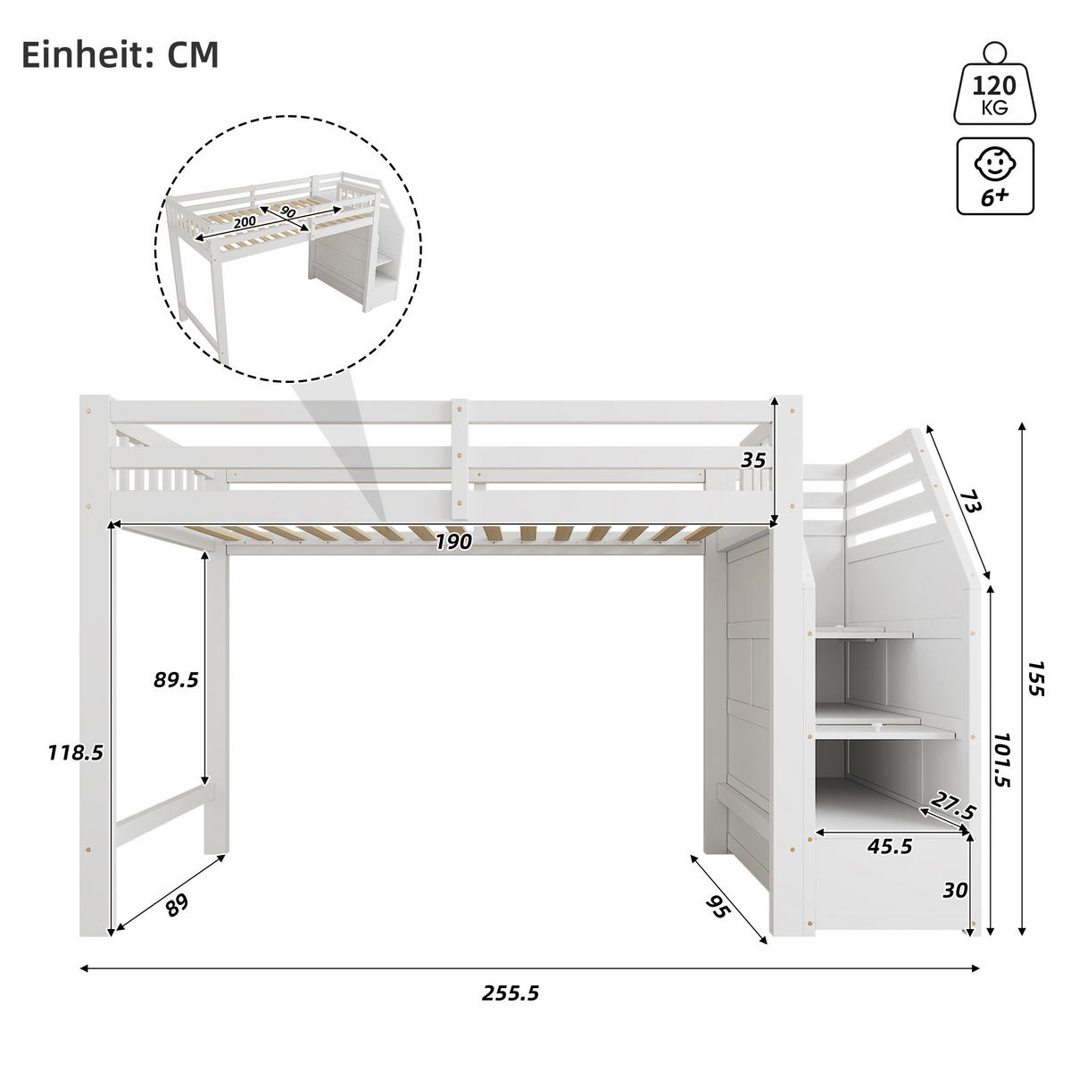 HOCHBETT 90/200 cm Weiß mit Verstaubare Stufen aus Kiefernholz - Weiß, Holz (90/200cm) - OKWISH