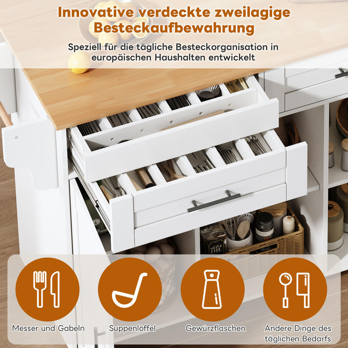 KÜCHENINSEL in Weiß Servierwagen mit klappbarer Arbeitsplatte und Schubladen für Küche und Wohnzimmer, B145/T45/H94.5 cm - Weiß, Holzwerkstoff (145/94.5/70cm) - STILVORA