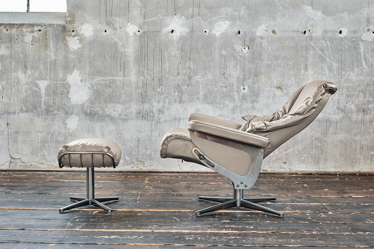 RELAXSESSEL MIT HOCKER MODO Hellgrau Leder - Silberfarben/Hellgrau, Leder/Metall (81/98/90cm) - KAWOLA