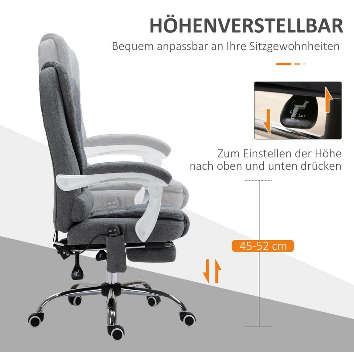 BÜROSTUHL in Grau 70x65x119 cm mit Massage- und Heizfunktion, neigbarer Rückenlehne und Fußstütze - Grau, Textil (65/119/70cm) - IVMEU