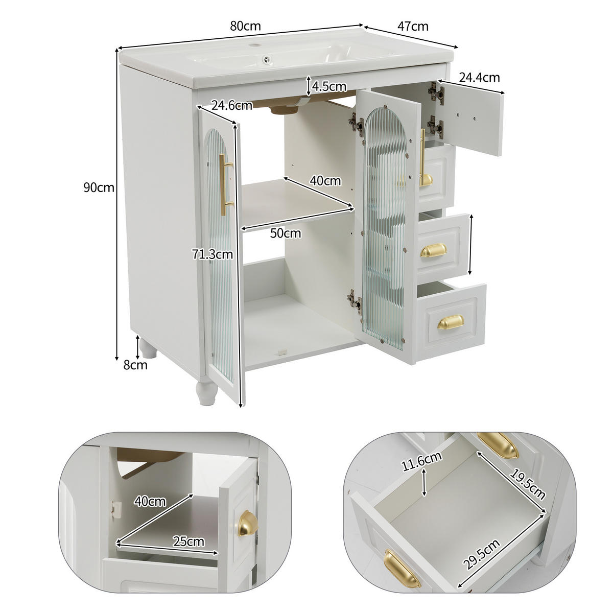 BADEZIMMERSCHRANK mit Becken 80x47x90 cm Weiß aus Porzellan & MDF mit 2 Schränken & 3 Schubladen - Weiß, Holzwerkstoff (80/90/47cm) - Modfu