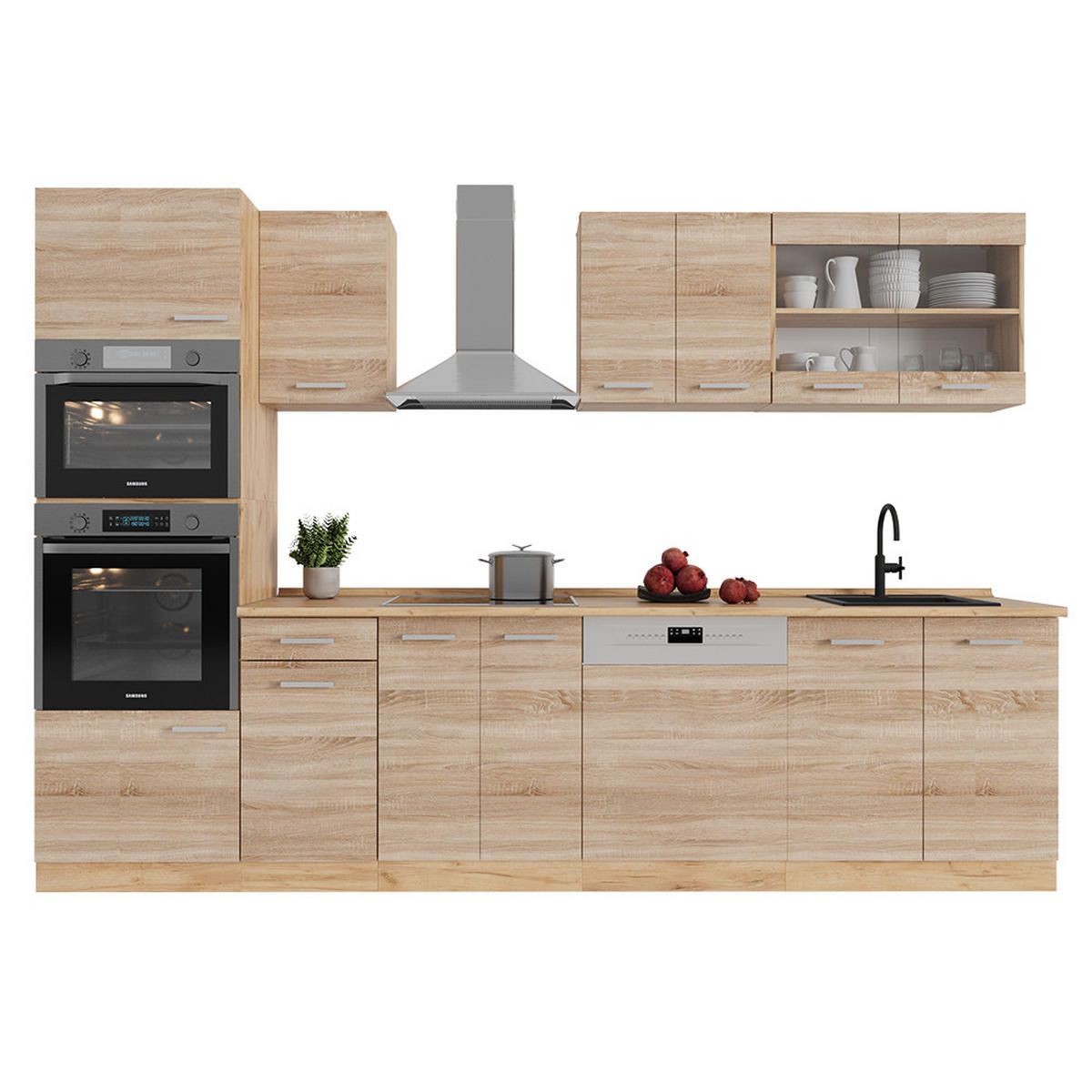 KÜCHENZEILE R-Line Sonoma/Goldkraft Eiche 300 cm mit Hochschrank, ohne Arbeitsplatte - Honigeiche/Sonoma Eiche, Holzwerkstoff (300/81.6/46cm) - Vicco
