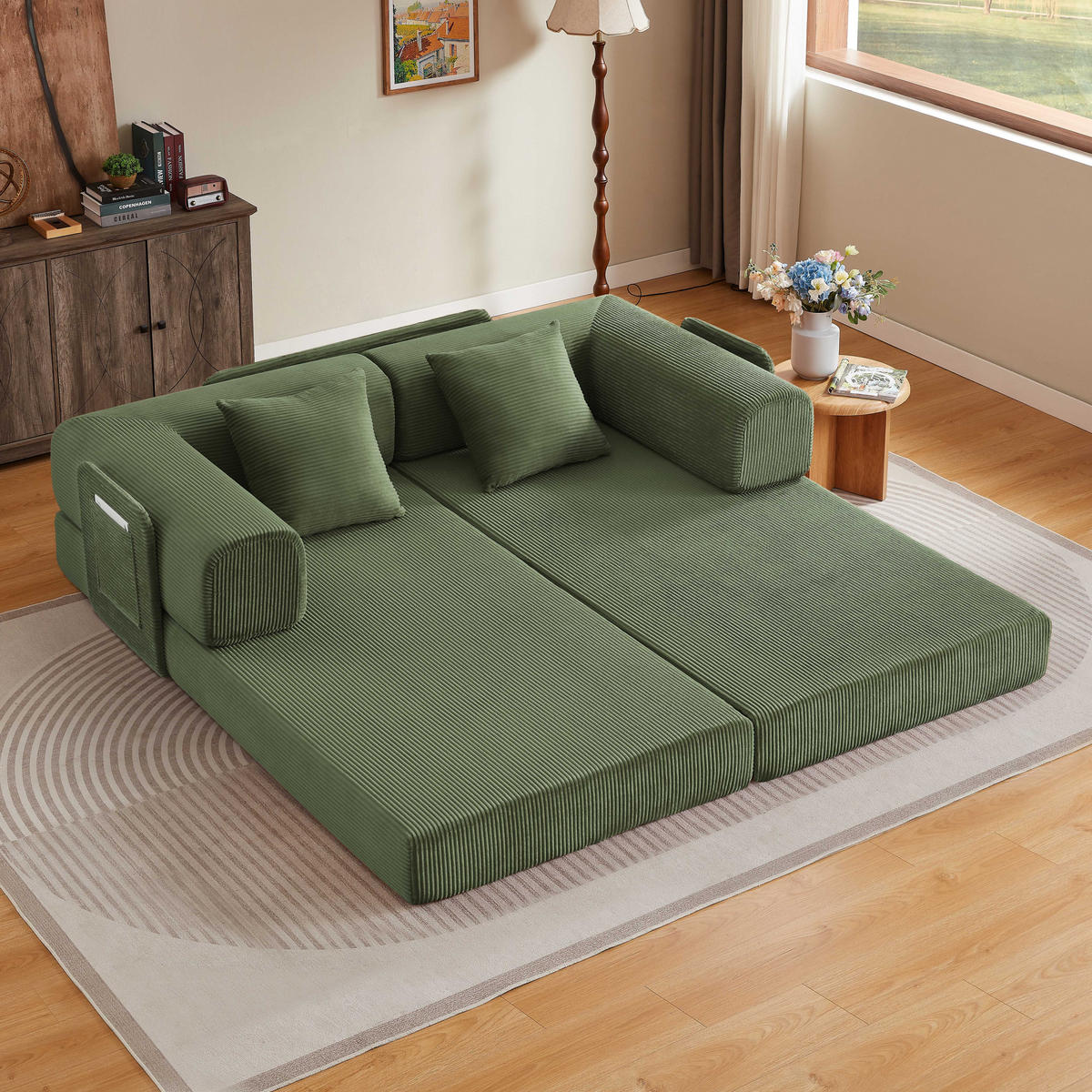 SCHLAFSOFA DE-34938 Tatami-Bodensofa mit 2 Kissen Grün - Grün, Textil (204/65/97cm) - ComfortXL
