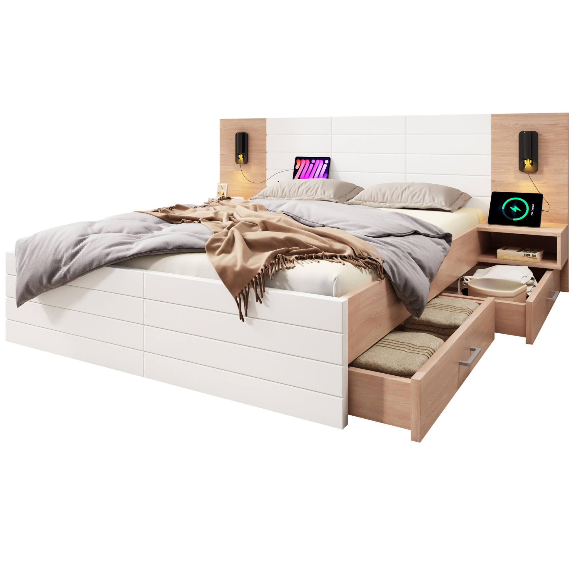 BETT 140/200 cm mit Kopfteil, 2 Schubladen, USB & Leselicht, inkl. Lattenrost - Weiß, Holzwerkstoff (140/200cm) - BEAOK