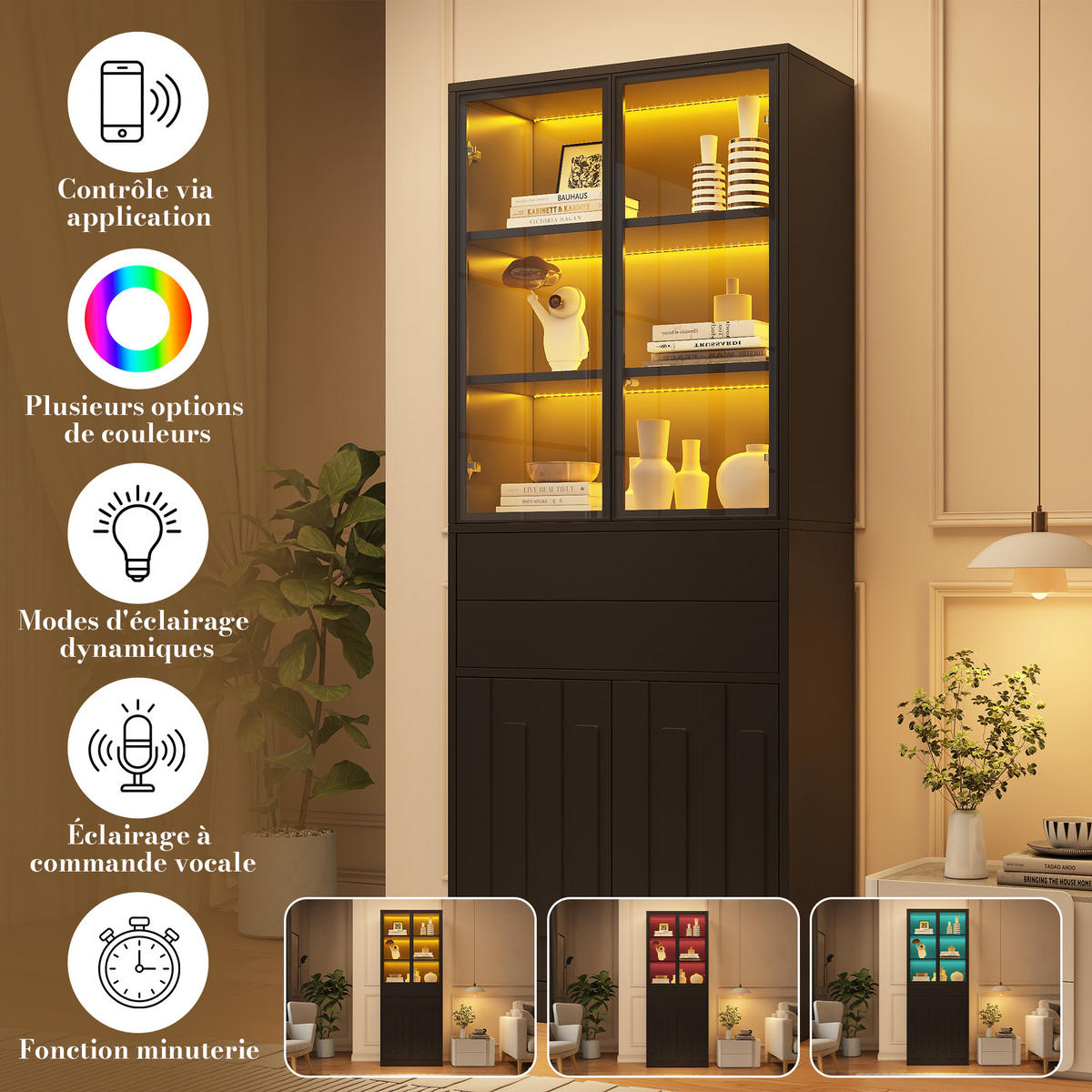 VITRINE 2er-Set 140x34x180 cm Schwarz LED Glastüren - Schwarz, Holzwerkstoff (140/180/34cm) - FLIEKS