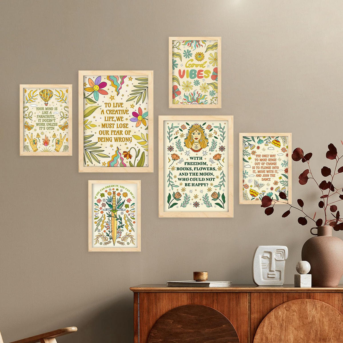 POSTER Set Mit 6 Abstimmungen Von Stimmung Der Brillanten Postersammlung Im Groovy Für Zuhause Wandkunstdruck A3 & A4 Rahmen Aus Hellem Holz - Beige, Papier (29/3cm) - Nacnic
