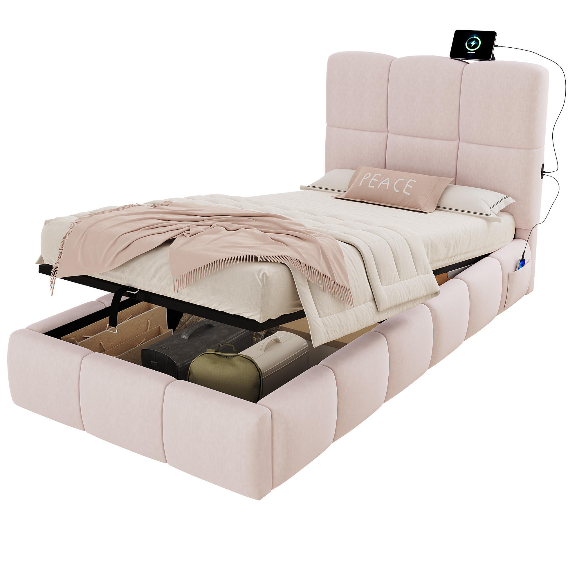 POLSTERBETT 90/200 cm mit Lattenrost, hydraulischem Stauraum und USB-C-Anschluss, Rosa - Pink, Textil (90/200cm) - Redom