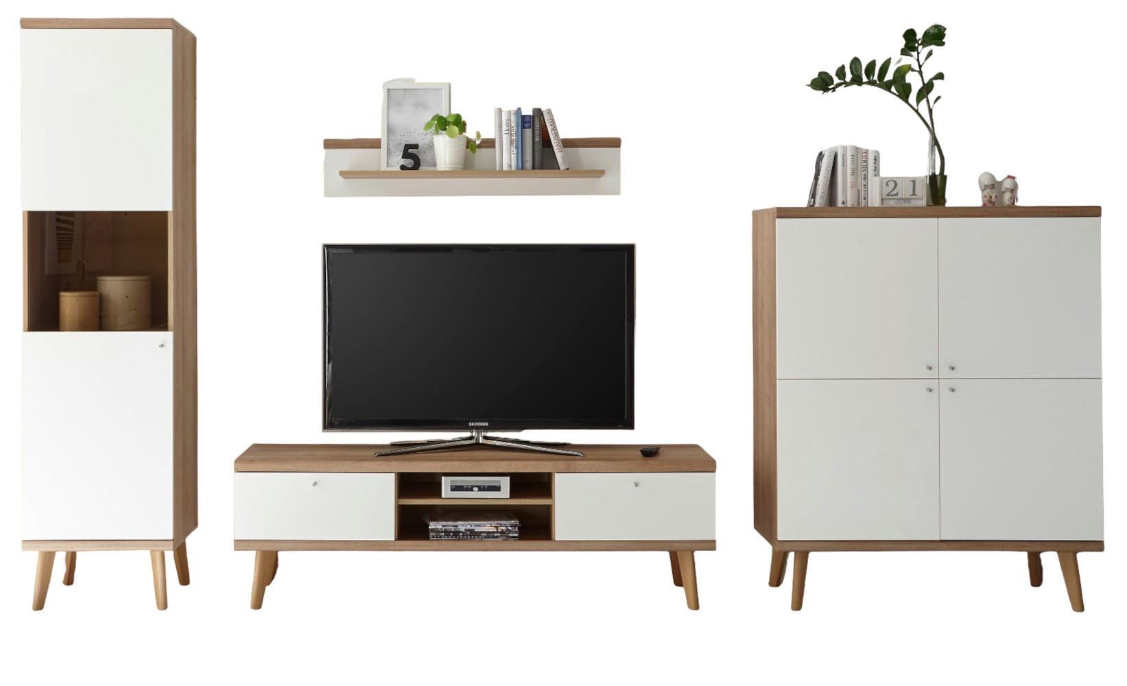 WOHNWAND weiß Eiche Riviera, Schrankwand skandinavisch 4-teilig 337 x 197 cm - Eichefarben/Weiß, Holzwerkstoff/Metall (337/197/40cm)