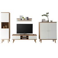WOHNWAND weiß Eiche Riviera, Schrankwand skandinavisch 4-teilig 337 x 197 cm - Eichefarben/Weiß, Holzwerkstoff/Metall (337/197/40cm)