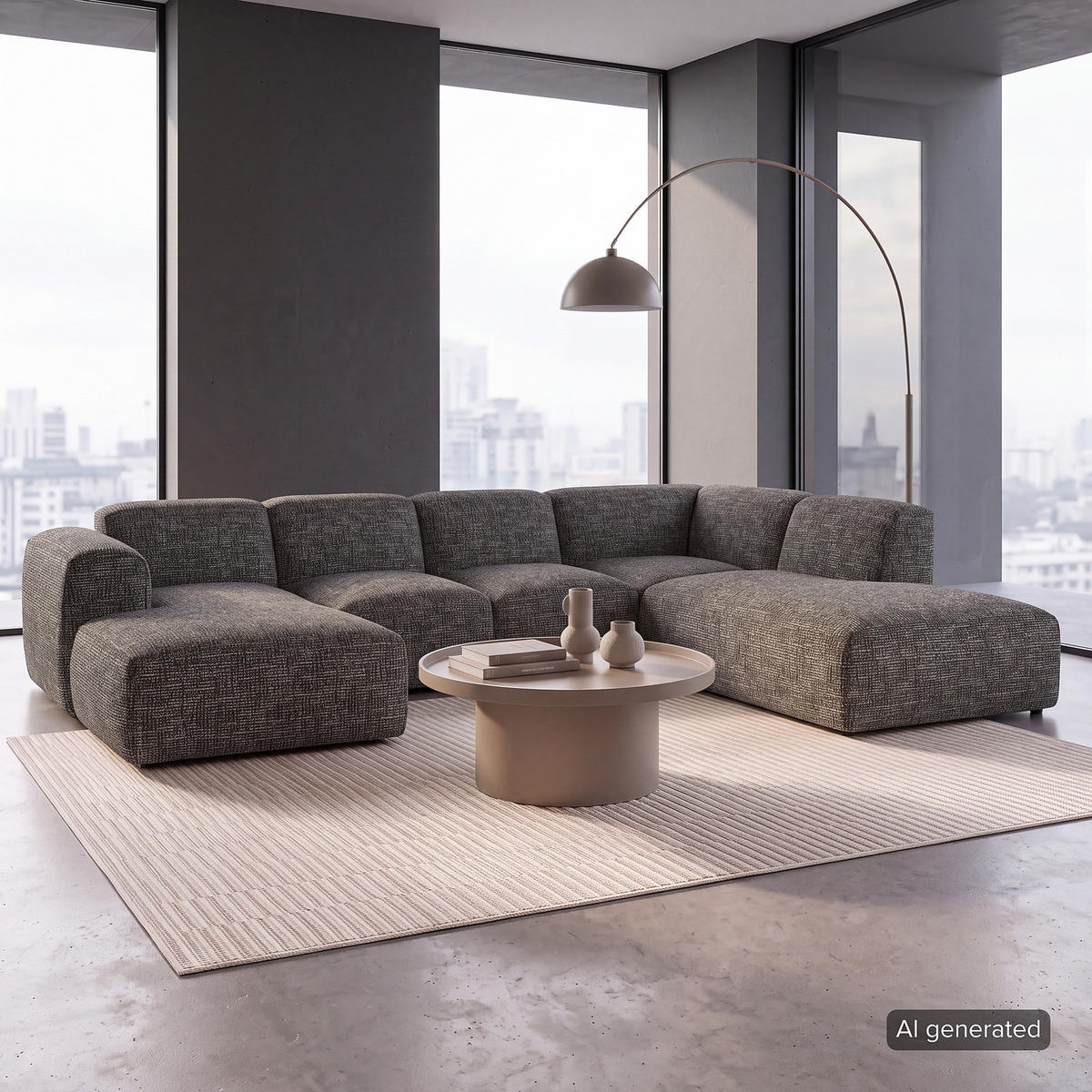 WOHNLANDSCHAFT mit Longchair - Schwarz/Grau, Kunststoff/Textil (325/71/235cm) - home24