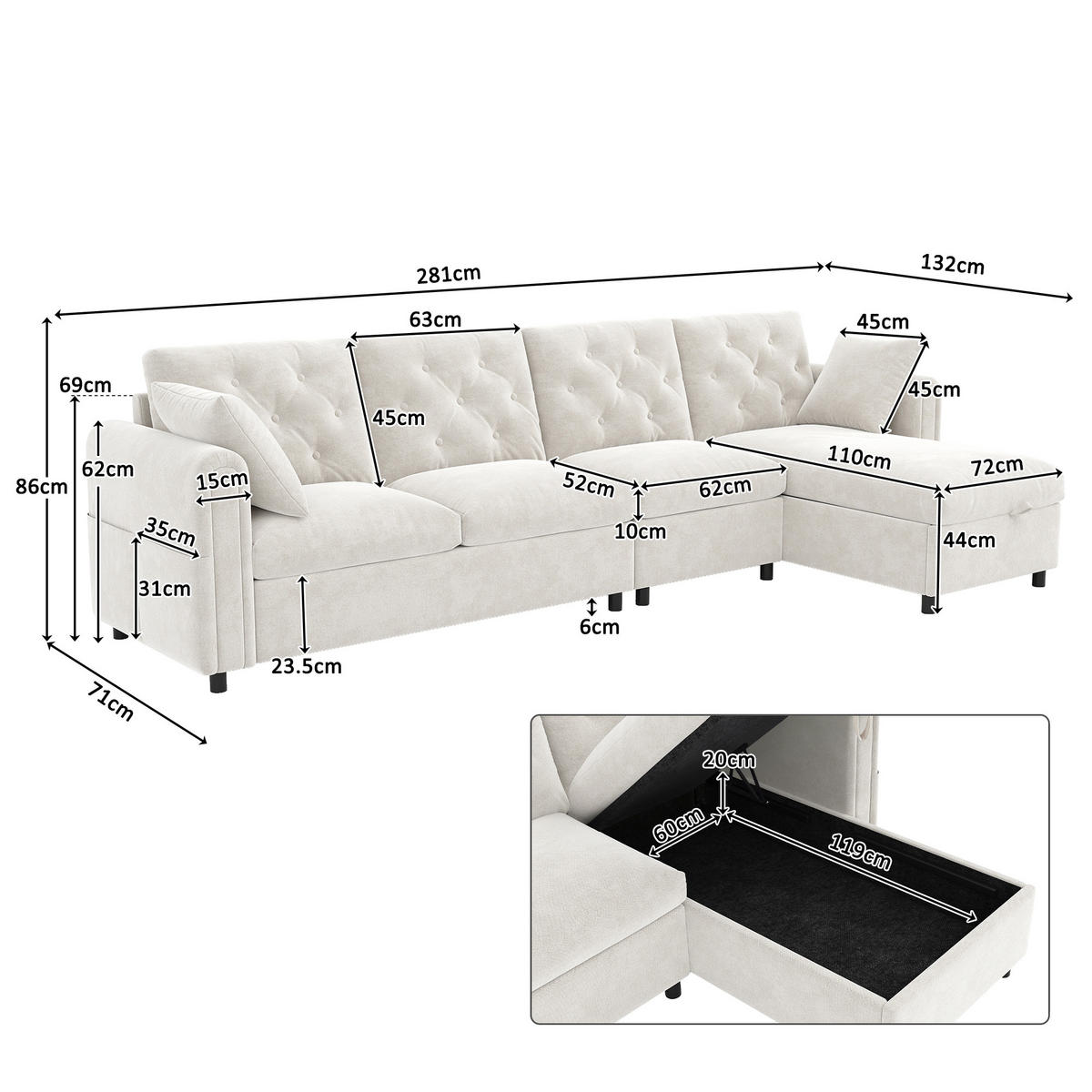 SOFA Beige L-Form Samt Stauraum Armlehne 281cm Knopfheftung - Beige, Textil (132/86/281cm) - FLIEKS