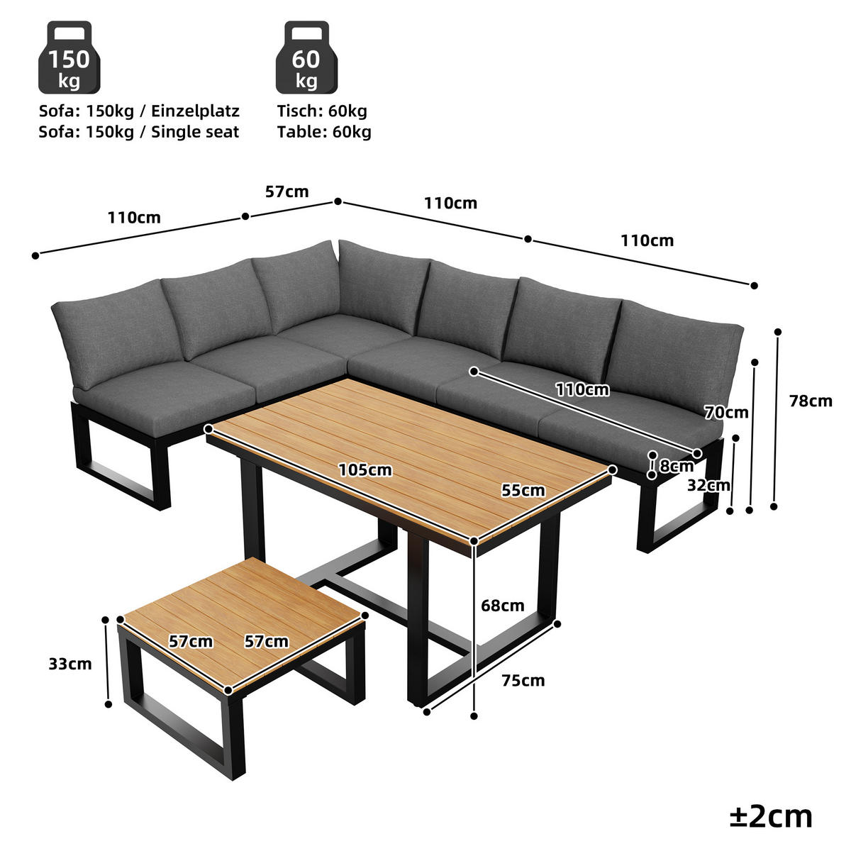 GARTENLOUNGE-SET für 6 Personen Garten-Essgruppe Ecksofa mit verstellbarer Rückenlehne - Schwarz/Naturfarben, Textil/Metall - STILVORA