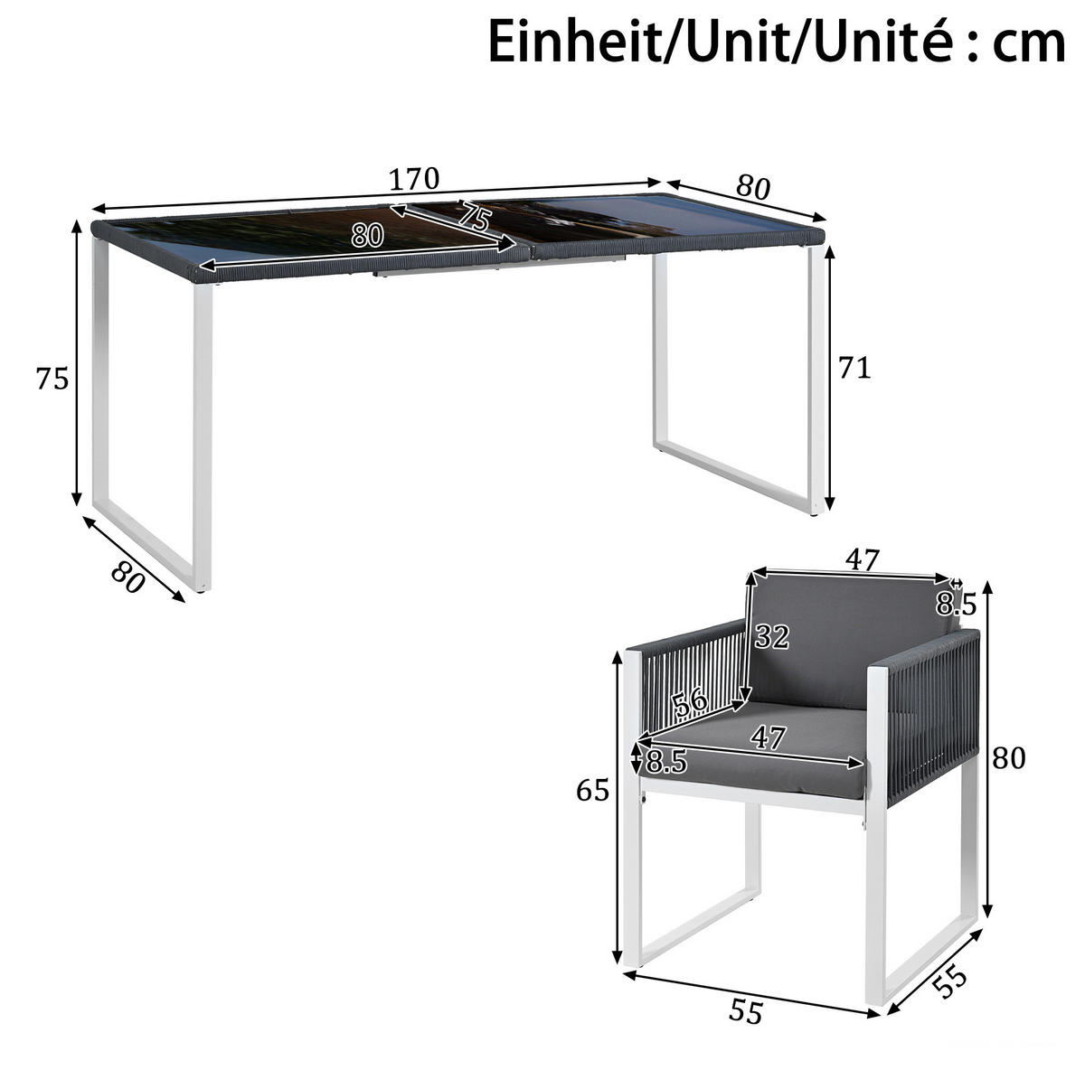 GARTEN-ESSGRUPPE 170/80/75 cm mit 6 Sesseln, gehärteter Glasplatte und waschbaren Bezügen, Grau/Weiß - Grau, Metall - Redom