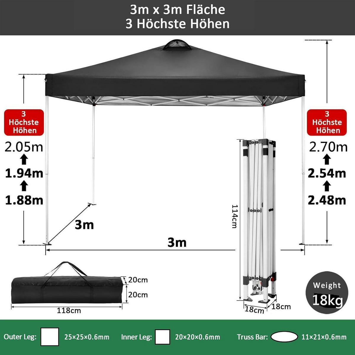 FALTPAVILLON 3 x 3 m Schwarz mit Seitenteilen - Schwarz, Textil (304.8/609.6/304.8cm)