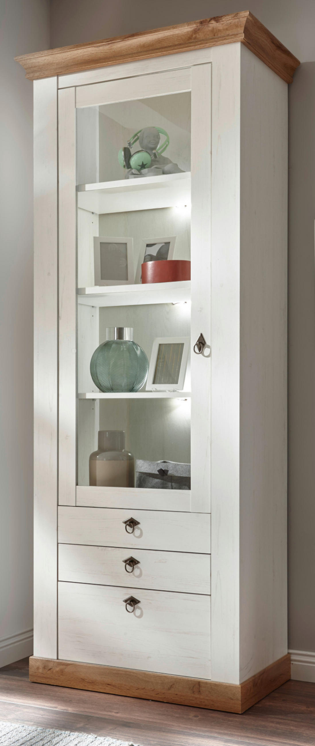 VITRINE weiß Pinie, Eiche 82 cm, Vitrinenschrank im Landhaus-Stil - Silberfarben/Eiche Wotan, Holzwerkstoff/Metall (82/204/44cm) - Furn.Design