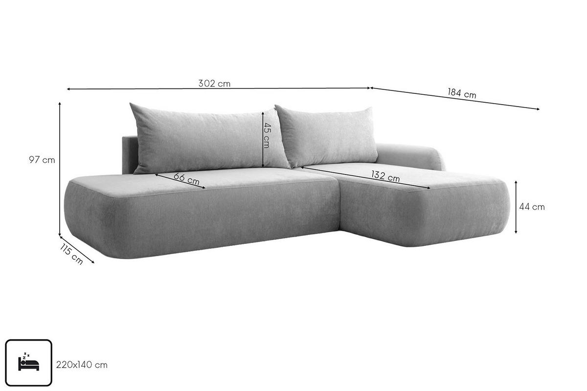 ECKSOFA Mit Schlaffunktion Und Bettkasten, Velvet-Stoff Vena, Grau, Rechts, HELA I - Grau, Holz (302/184cm) - Kaiser Möbel