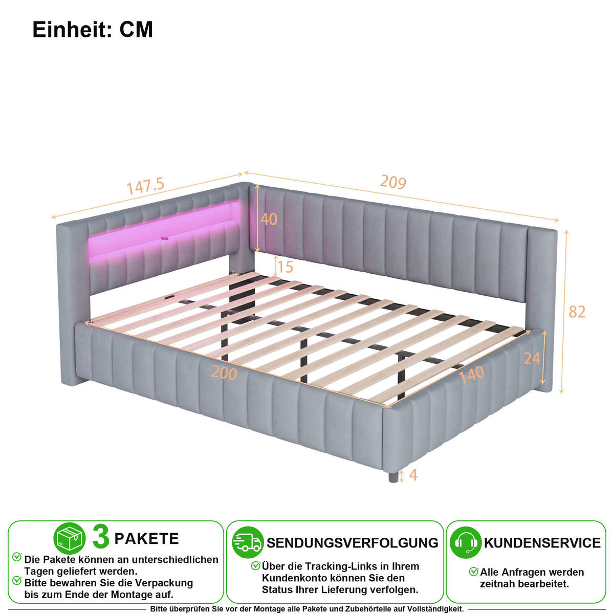 SCHLAFSOFA 140/200 cm in Grau Samt mit LED, USB und L-Form - Grau, Holzwerkstoff/Textil (140/200cm) - CHICFURN