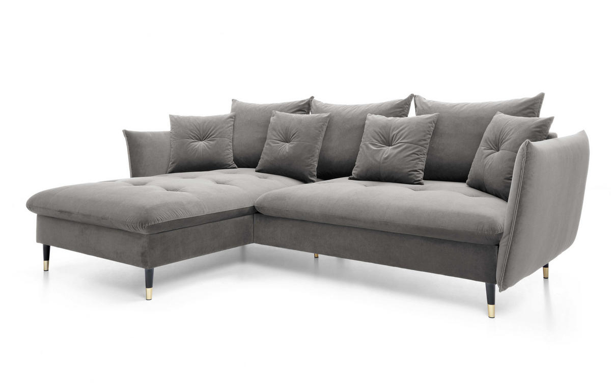 ECKSOFA GLAM mit Schlaffunktion, Ottomane & goldenen Füßen – Samtsofa im Glamour-Stil mit Zierkissen, 258x167x91cm, Linke, GRAU - Grau, Holz/Textil (167/258cm) - DomoHome