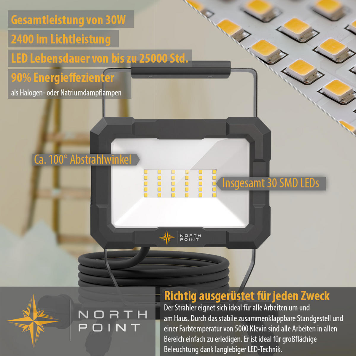 LED-BAUSTRAHLER mit Standfuß - 30W für Innen und Außen, spritzwassergeschützt, 2er-Set - Schwarz, Metall (16.3/18.4/26.1cm) - Northpoint
