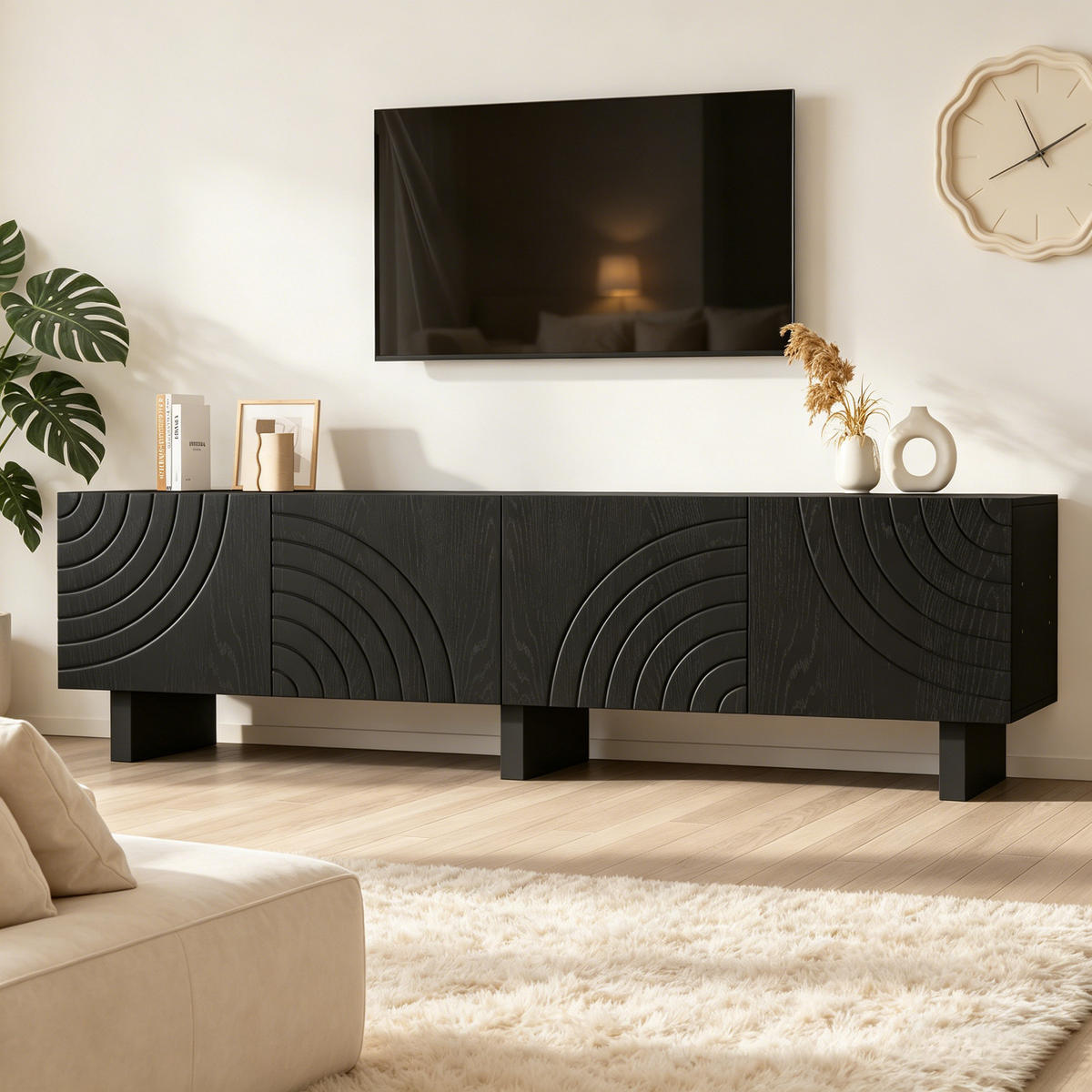 LOWBOARD in Schwarz TV-Schrank mit 2 Ablagen, für 75-Zoll-Fernseher , B180/T40/H55 cm - Schwarz, Holzwerkstoff (180/55/40cm) - STILVORA