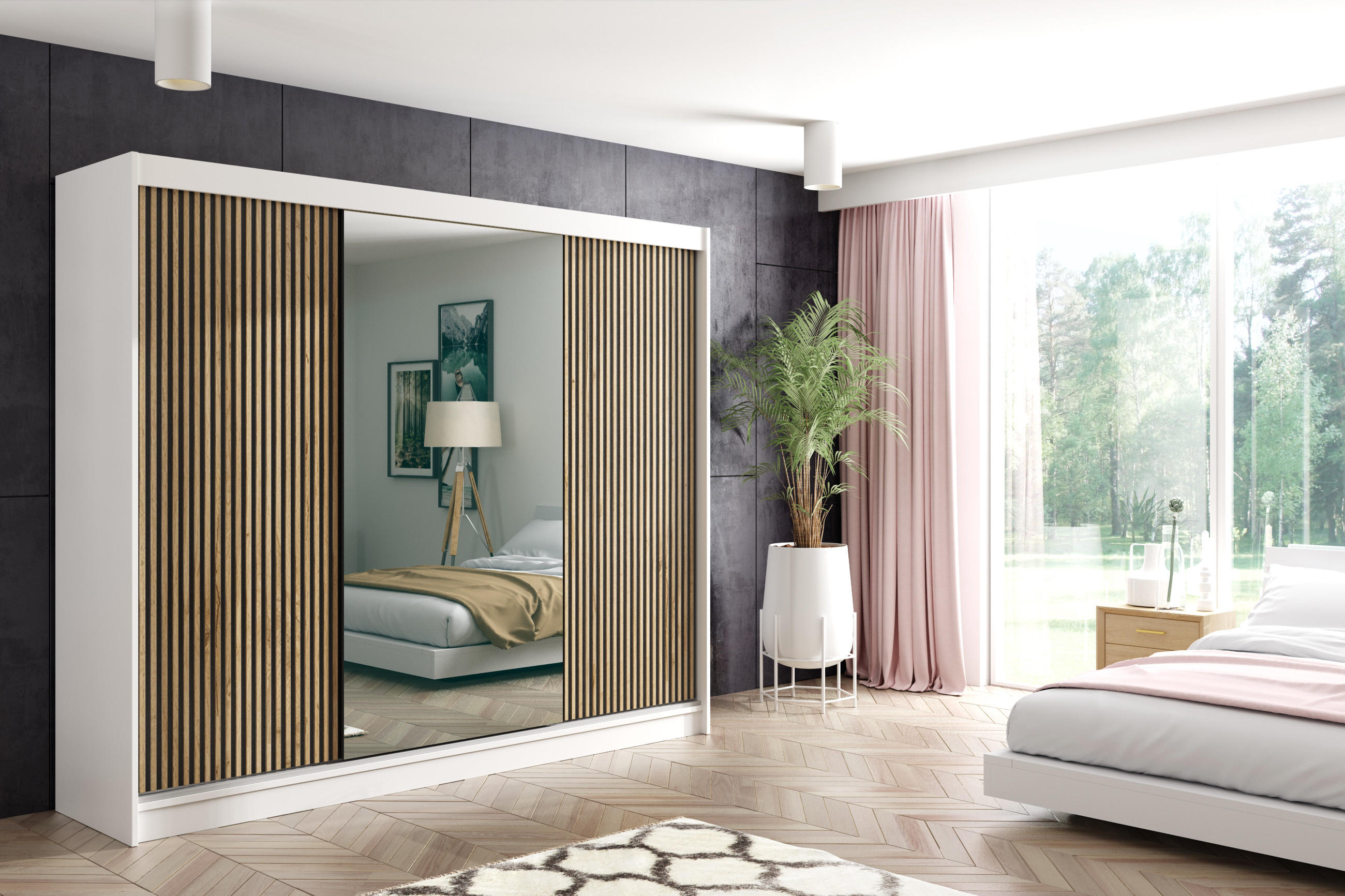 KLEIDERSCHRANK VILAN mit Spiegel - 250 cm - Weiß|Eiche Wotan - Eiche Wotan/Weiß, Holzwerkstoff (250/215/61cm) - ALTDECOR