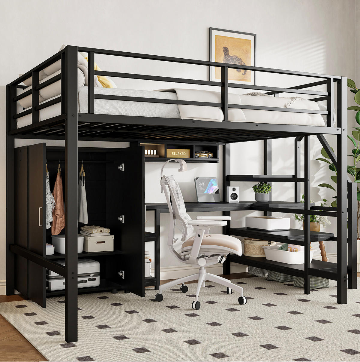HOCHBETT aus Metall und MDF 140x200 cm Schwarz mit Kleiderschrank, Regalen, Ablageleiter und Schreibtisch - Schwarz, Metall (90/180cm) - Modfu