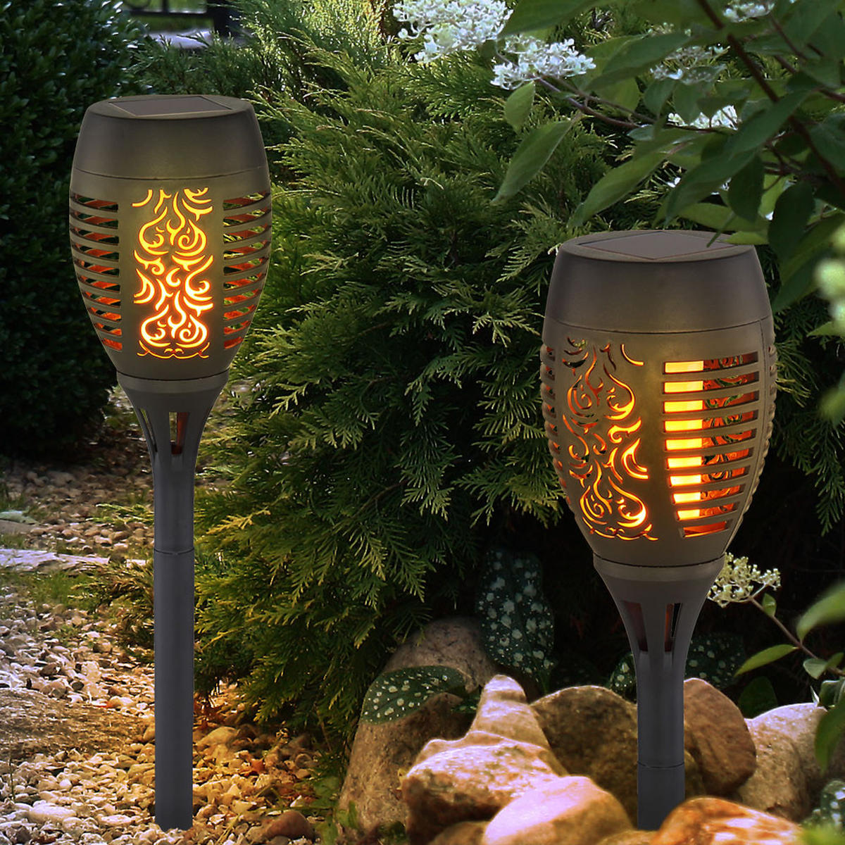 LED AUSSENLEUCHTE Solar Feuereffekt Schwarz 2er Set - Schwarz, Kunststoff (9.5/9.5/49.5cm) - Globo Lighting