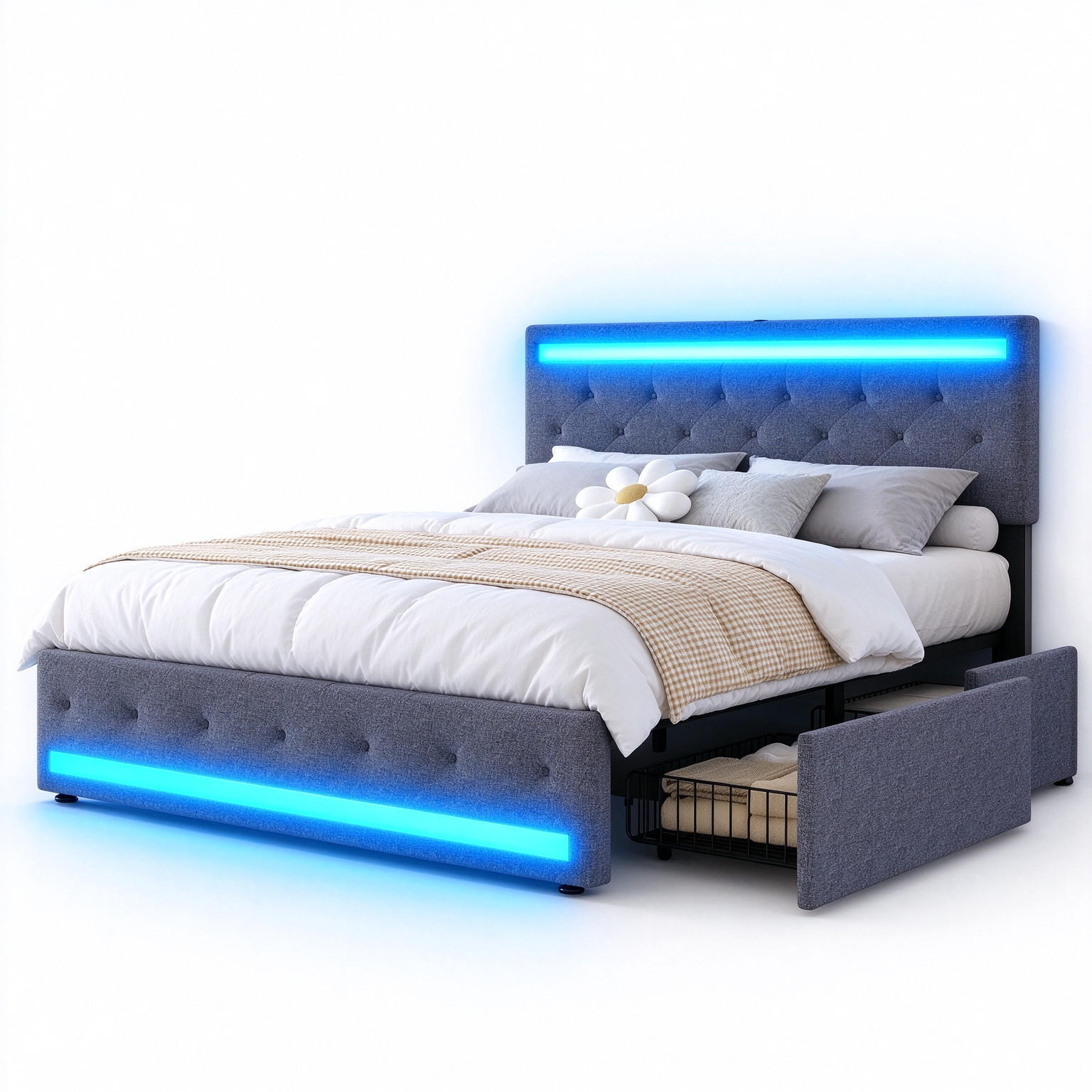 POLSTERBETT 140/200 cm, in Grau Leinenoptik Stoff, Bettkasten, Gepolstertes Kopfteil mit LED-Beleuchtung USB, 4 Metall-Stauraumschubladen - Dunkelgrau, Textil/Metall (140/200cm) - BPKADHY