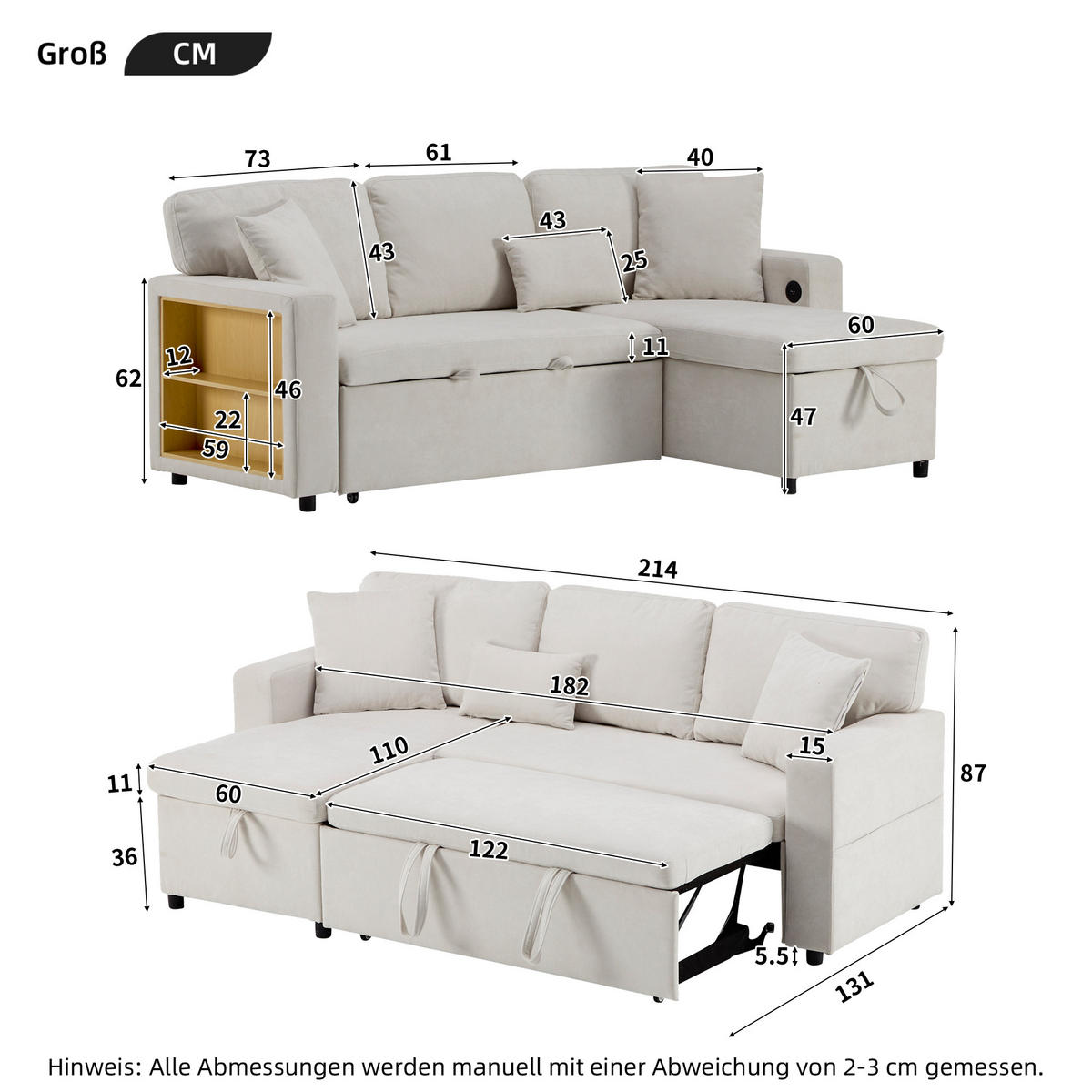 ECKSOFA Eckschlafsofa Stoff mit USB-Anschluss und Stauraum Beige 214/131/87 cm - Beige, Textil (87/131cm) - Redom