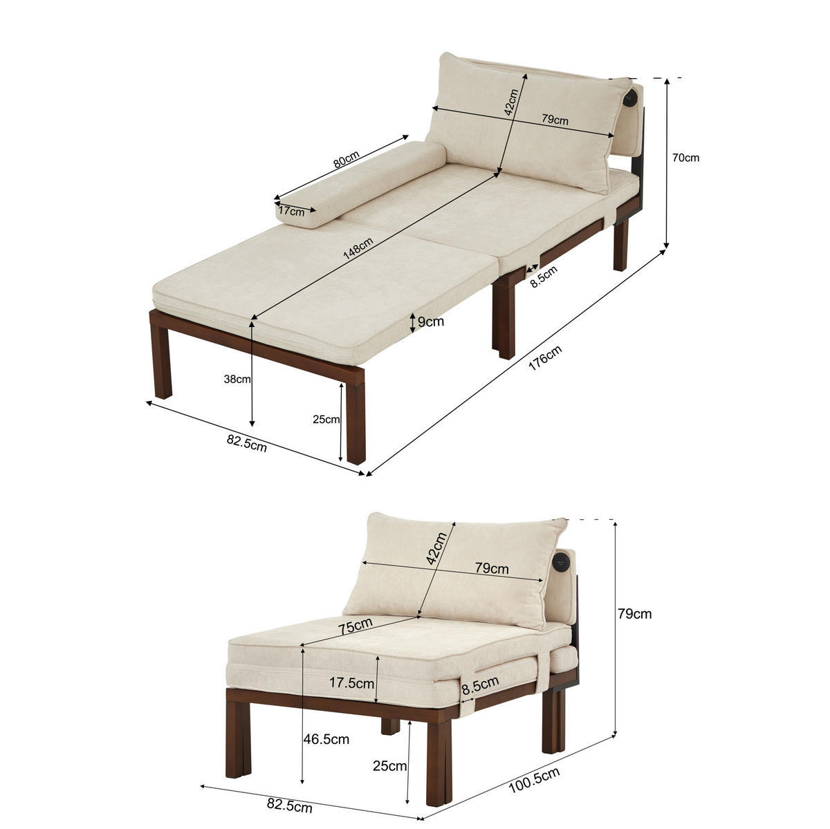 SCHLAFSESSEL 2-in-1 ausziehbar Velvet Beige mit USB Type-C - Beige, Holz (82/79/176cm) - Meubliv