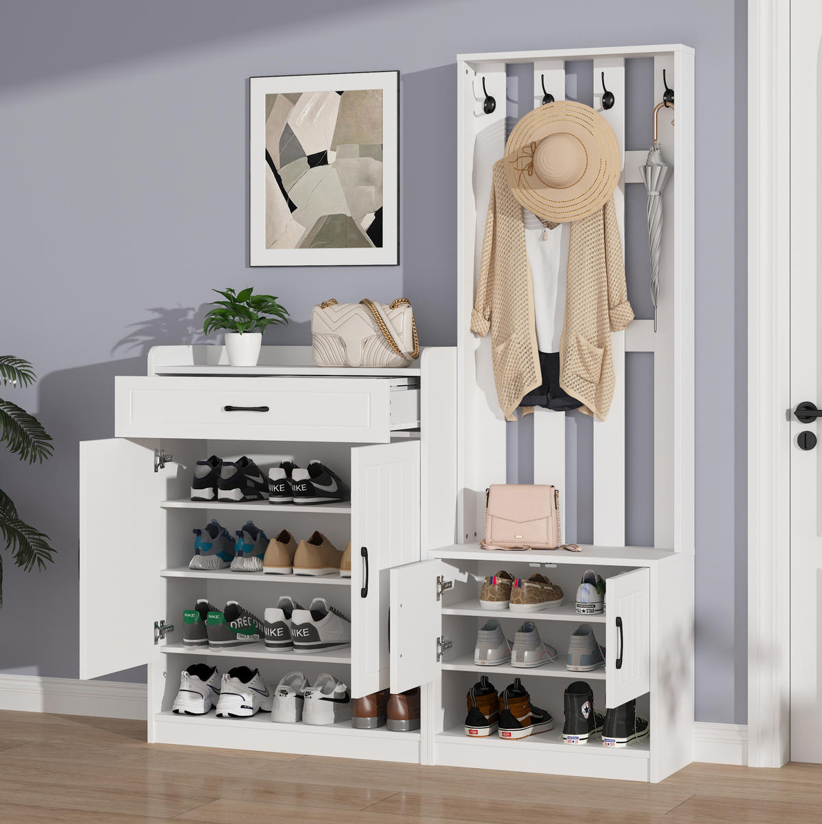 GARDEROBENSET 140/32/180 cm aus Spanplatte mit Schuhschrank, Bank und 4 Haken, Weiß - Weiß, Holzwerkstoff (140.6/180/30.5cm) - Redom