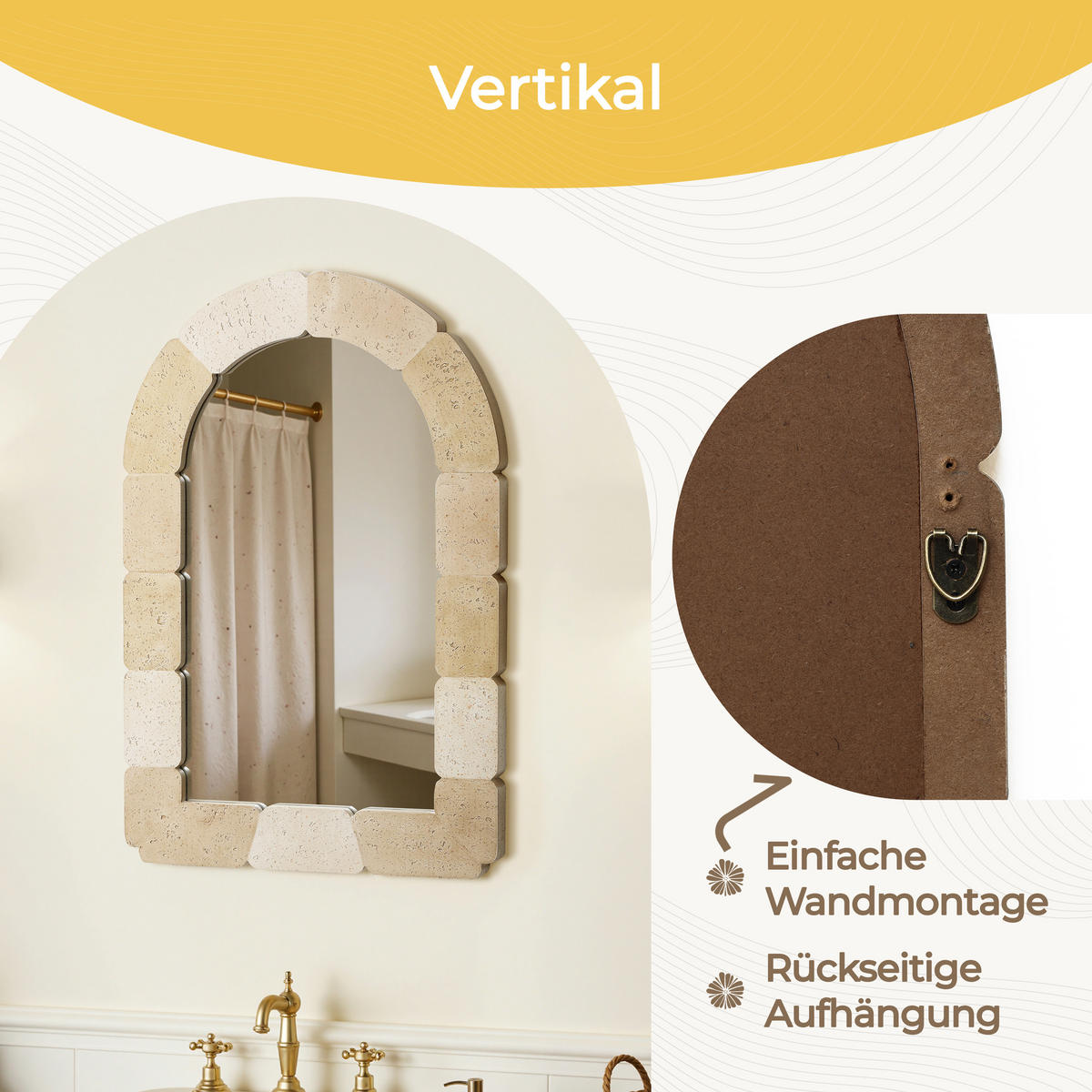 78CM H Bogenförmiger Wandspiegel, Geeignet für Wohnzimmer, Schlafzimmer, Badezimmer und Flur Boho-Stil MDF-Material - Beige/Hellgelb, Holz/Kunststoff (78/3/52cm) - Hometopia