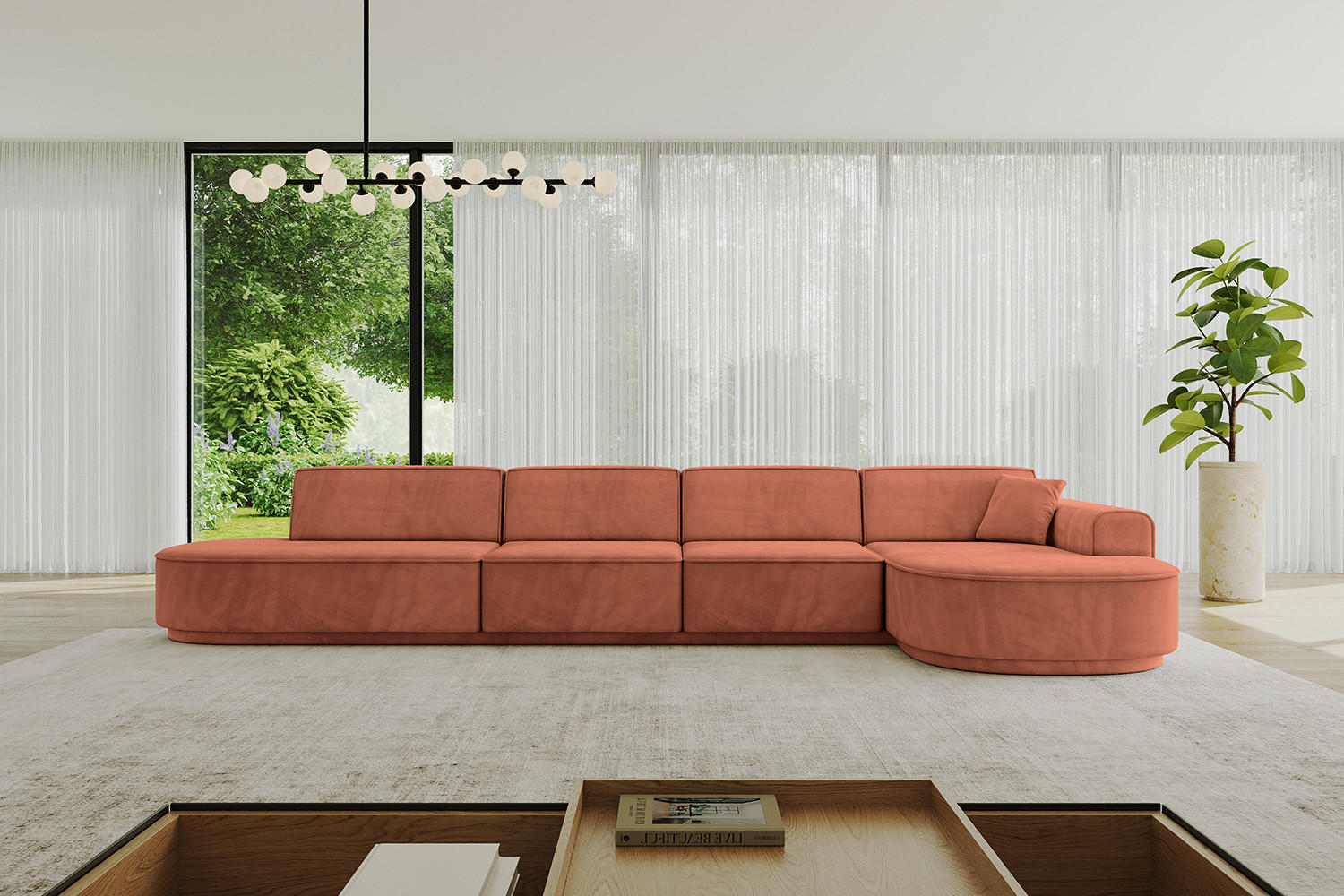 ECKSOFA Ottomane Rechts MARI-L3-v3 - 413x171x83 cm Koralle Velours - Koralle/Schwarz, Holzwerkstoff/Kunststoff (171/413cm) - ALTDECOR