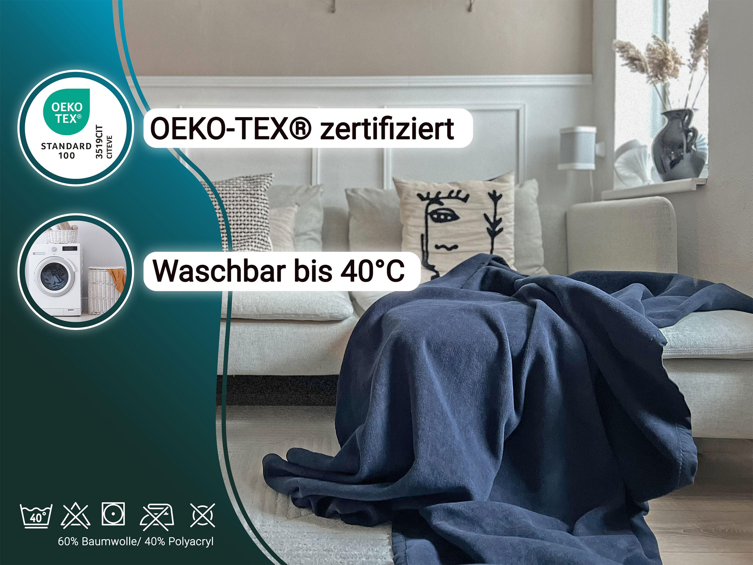 KUSCHELDECKE, 220x240 cm, 60% Baumwolle, 40% Polyacryl, Blau - Dunkelblau, Naturmaterialien (220/240cm) - Zollner