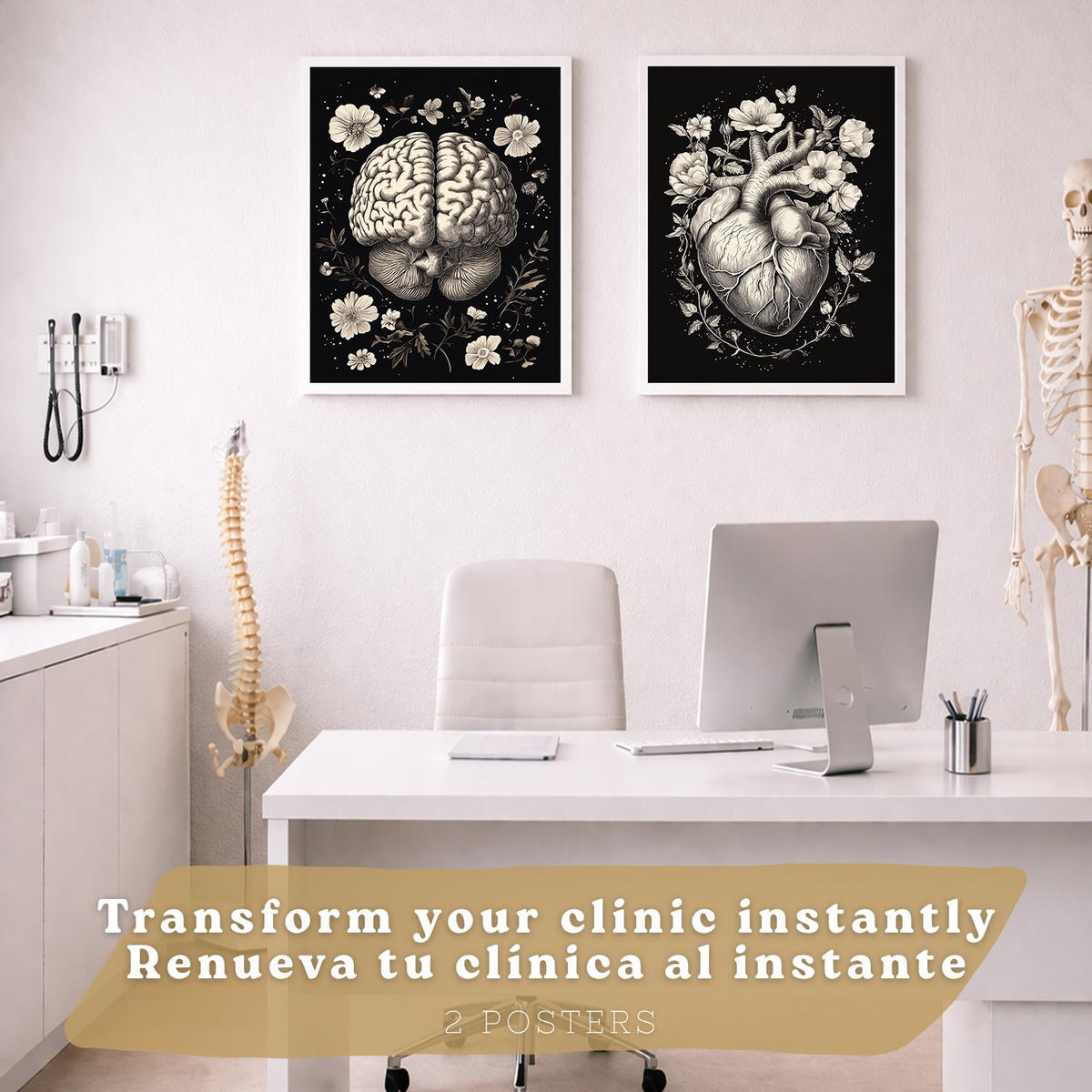 POSTER Set aus 2 Anatomie Mensch Drucke und Wandbilder mit Gehirn und Herz Monochromes Florales Design Schwarzer Hintergrund Größe Weißer Rahmen A3 - Weiß, Papier (29.7/42/3cm) - Nacnic