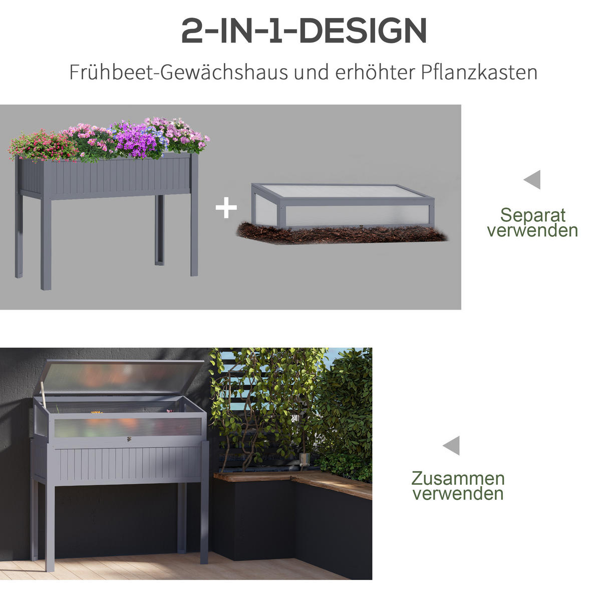 HOCHBEET, Pflanzkasten, für Garten, Balkon und Terrasse, Tannenholz, PC-Panel, Grau - Grau, Holz/Kunststoff (54/122/120cm) - Outsunny