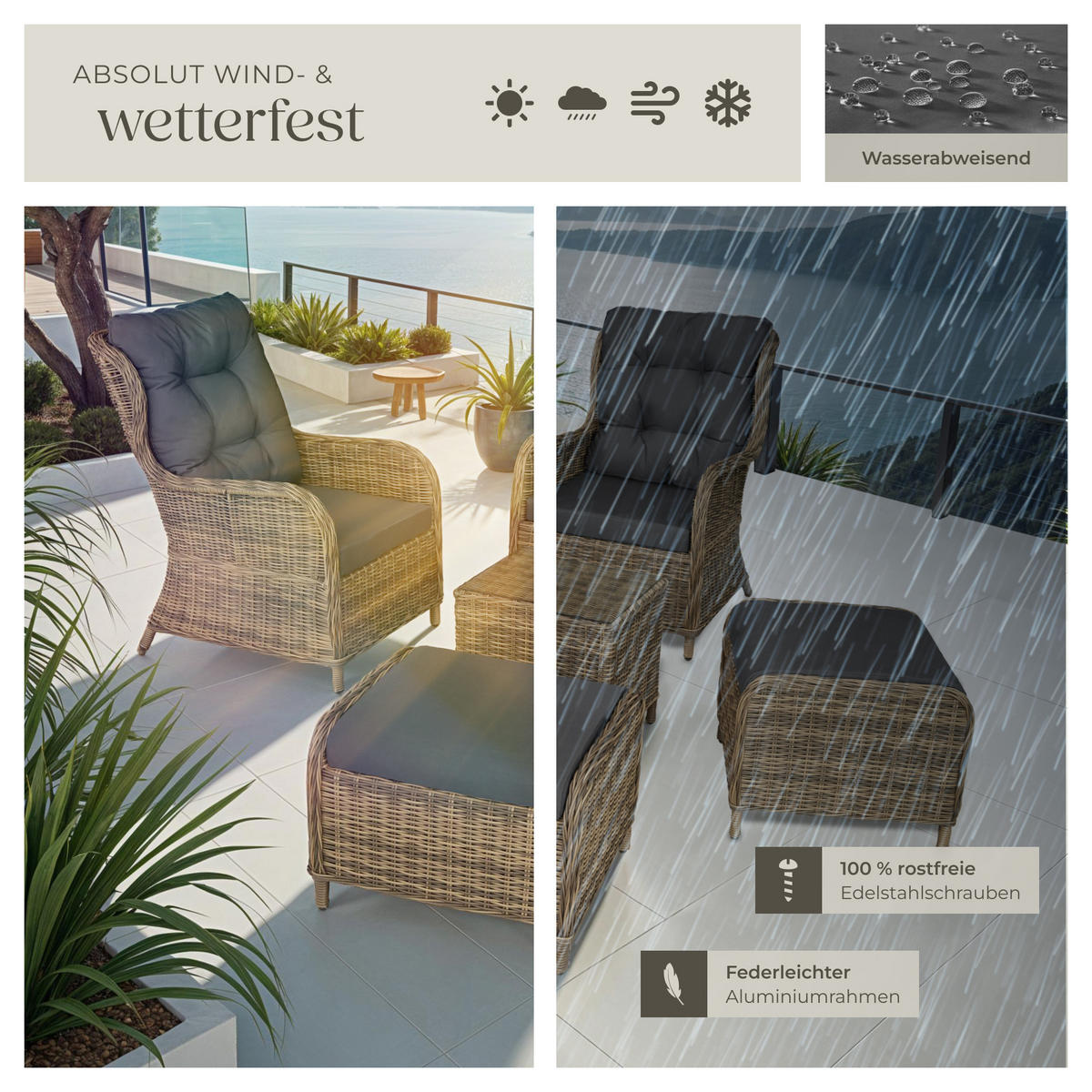 RATTAN SITZGRUPPE Benissa,mit Sicherheitsglasplatte,natur - Naturfarben, Kunststoff - tectake