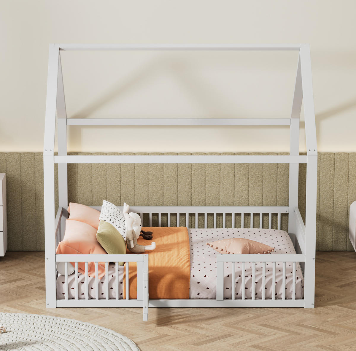 KINDERBETT 140/200 cm im Hausdesign mit Sicherheitsgitter und Tür, Weiß - Weiß, Holzwerkstoff (140/200cm) - Redom