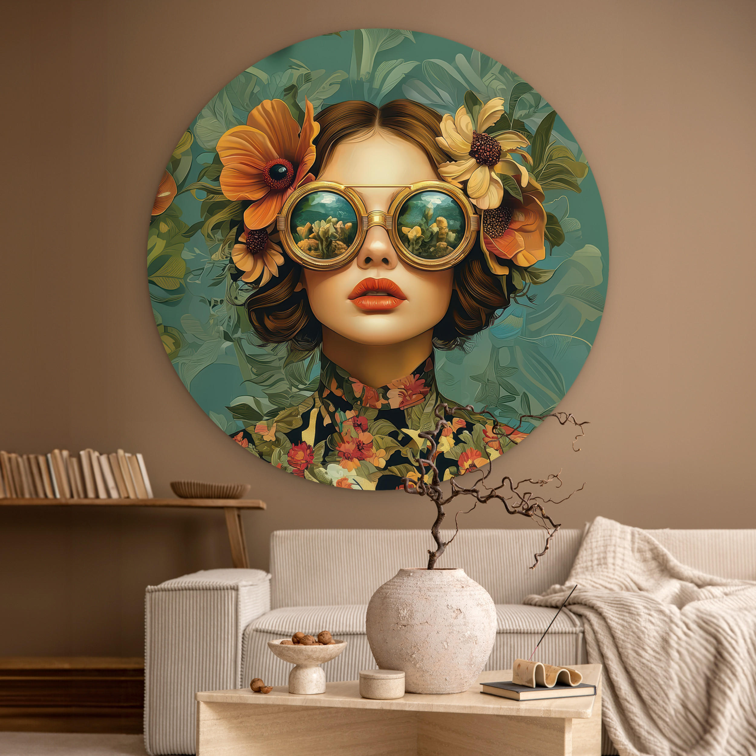 WANDBILD Frau - Blumen - Schmetterlinge - Natur - Vintage 140x140 cm - Petrol, Kunststoff (140/140cm) - MuchoWow