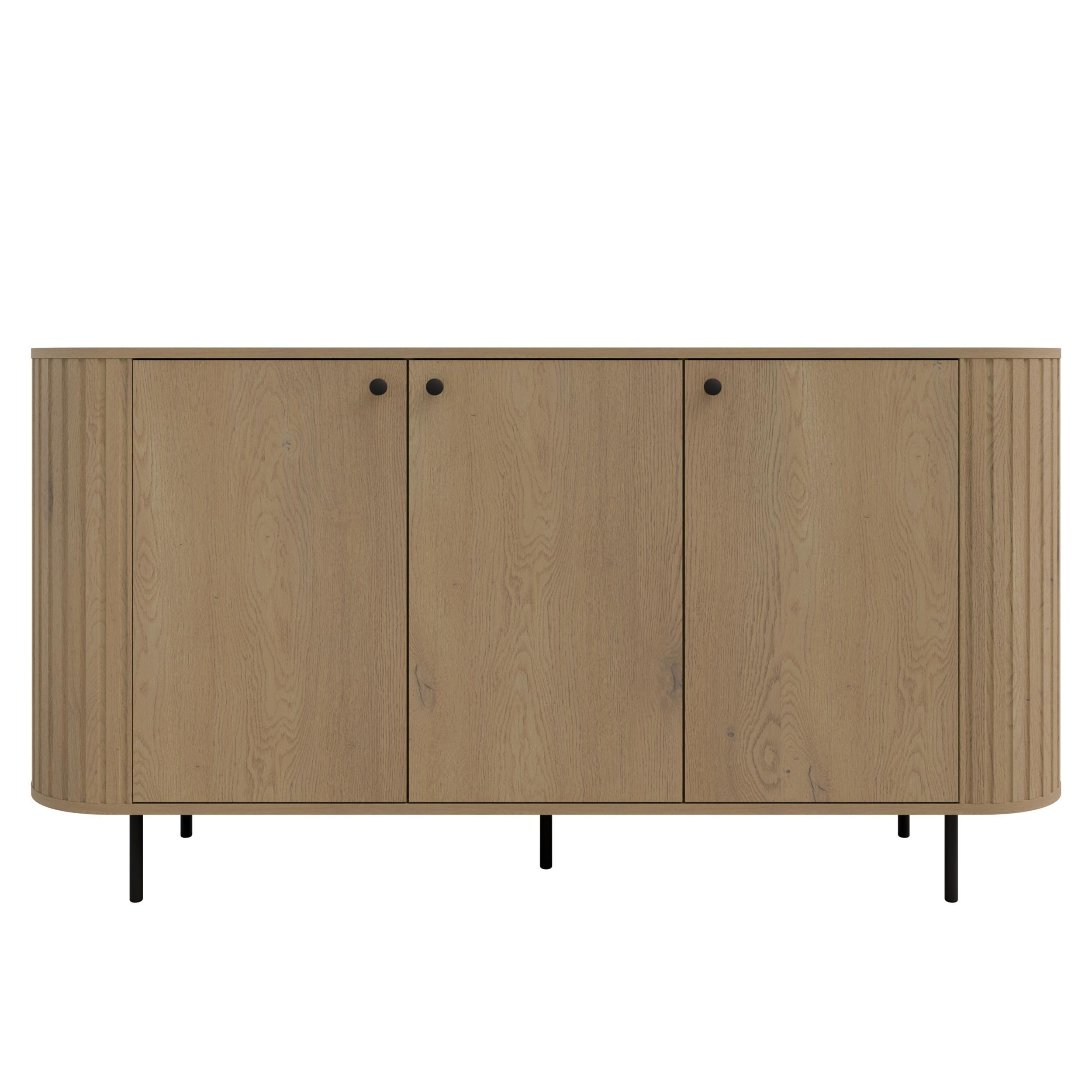 SIDEBOARD Halay Eiche Cremona, 3 Türen Moderne Rillenstruktur 164,6 cm, mit runden Kanten - Eichefarben/Schwarz, Holzwerkstoff/Metall (164.6/85.4/42.4cm) - AX Living