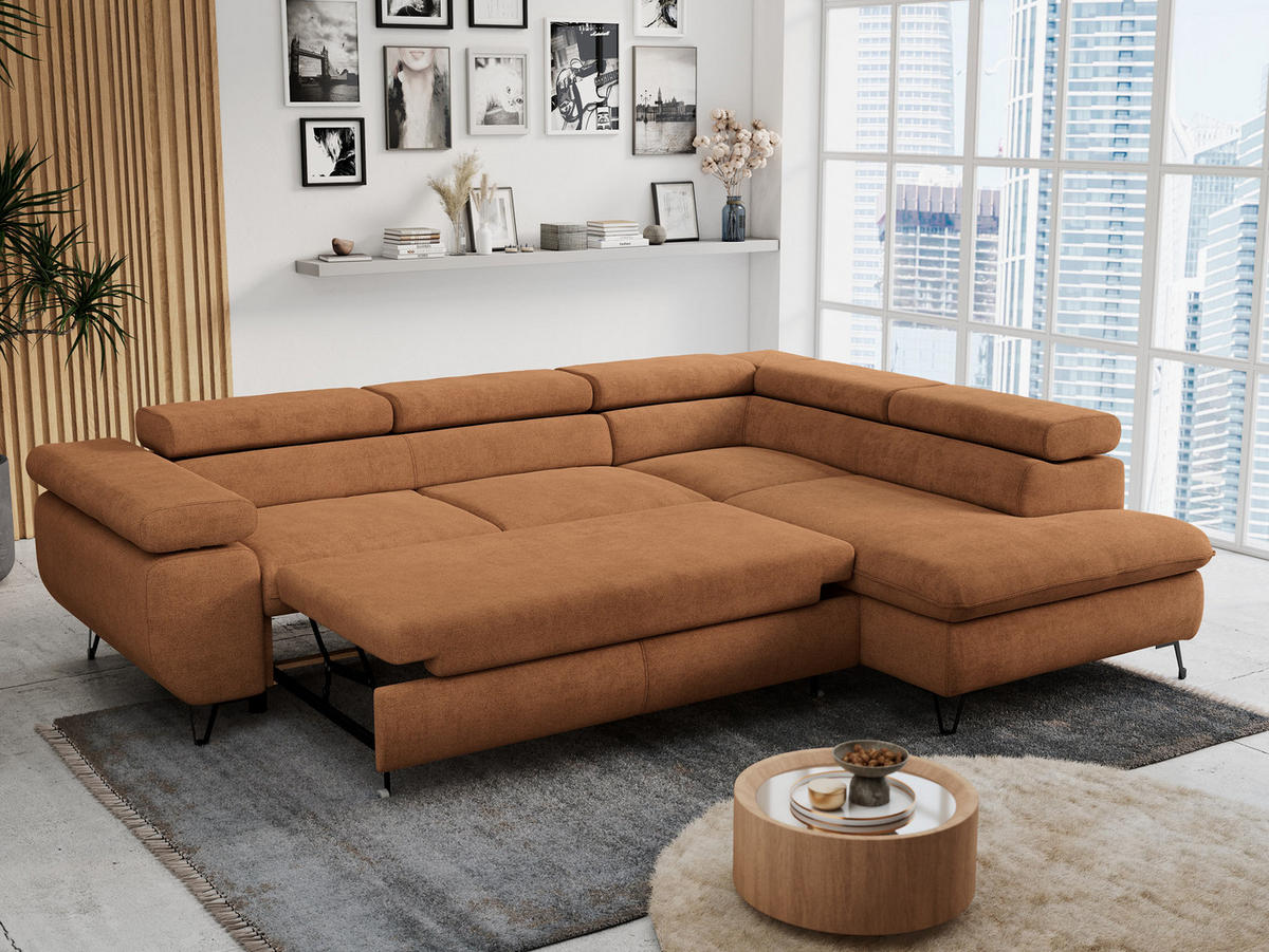ECKSOFA PETER L Orange Struktur - Rechts Seite - Schwarz/Orange, Textil/Metall (273/208cm) - MKS