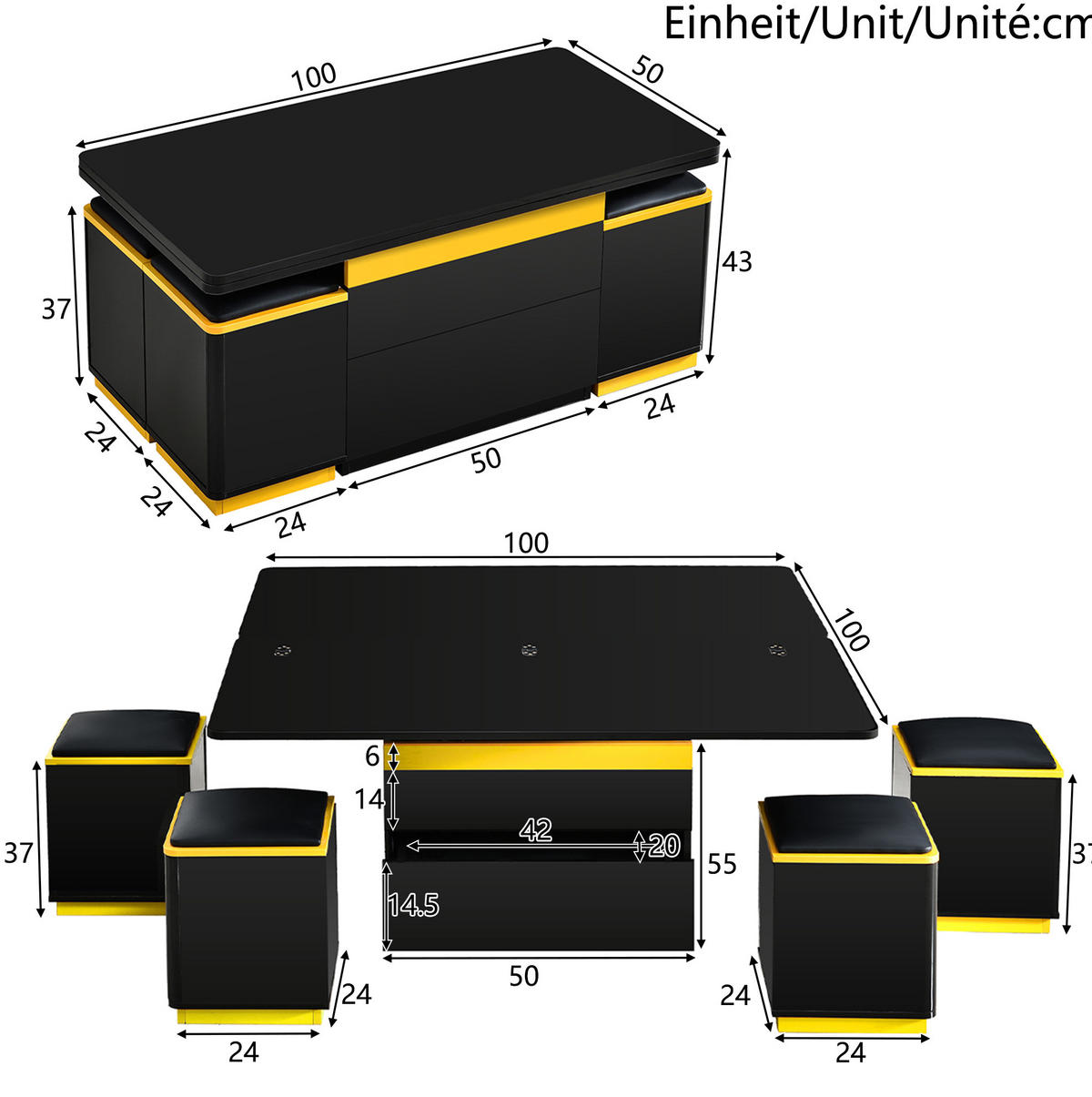 COUCHTISCH 100/50/43 cm Schwarz Gelb höhenverstellbar mit Stauraum und 4 Hockern - Schwarz, Holzwerkstoff (100/50/43cm) - OKWISH